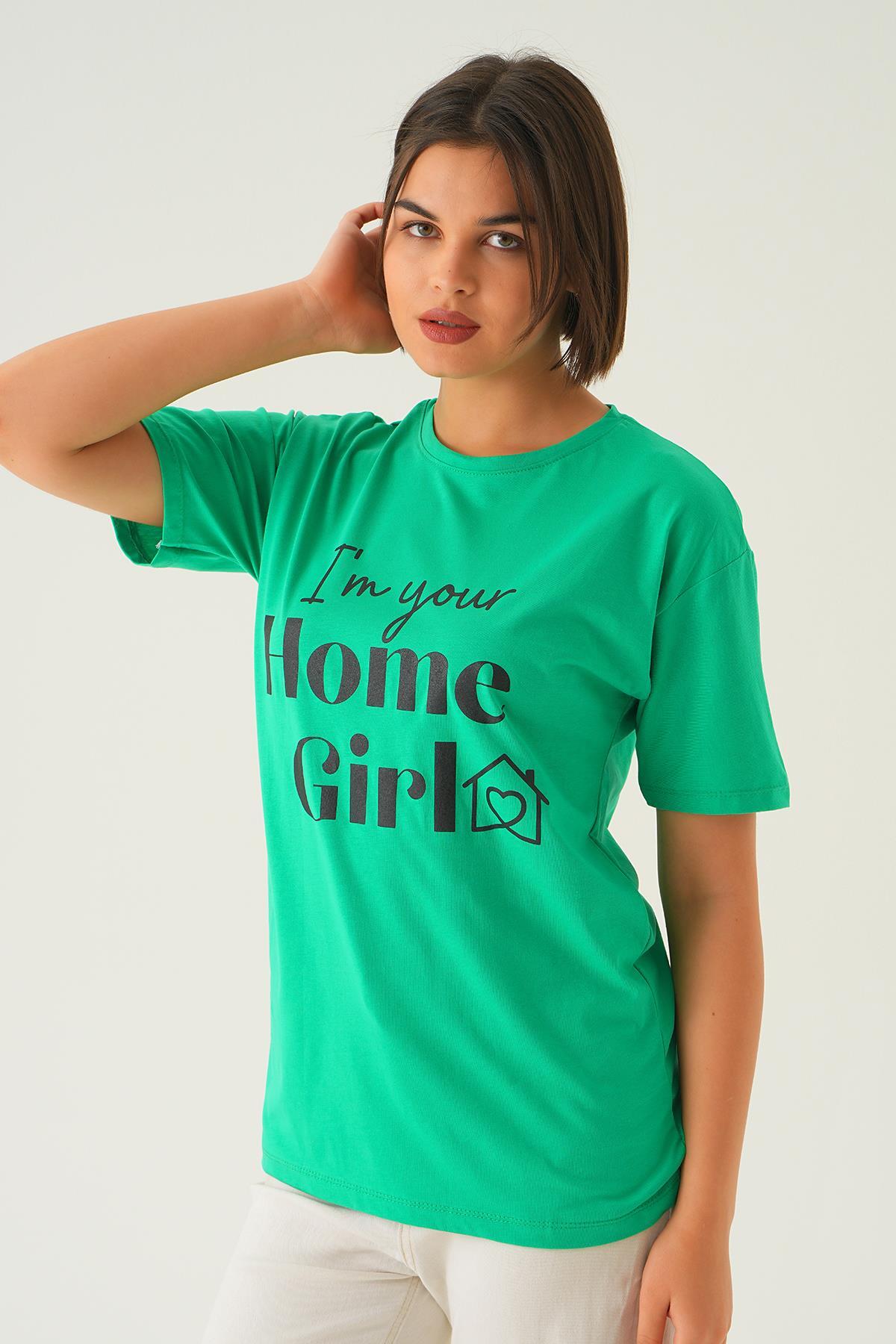 Benetton Yeşili Home Girl Baskı Oversize Tişört 1715 - 4