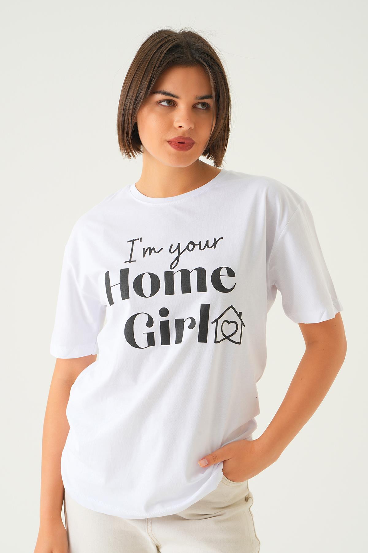 Beyaz Home Girl Baskı Oversize Tişört 1715 