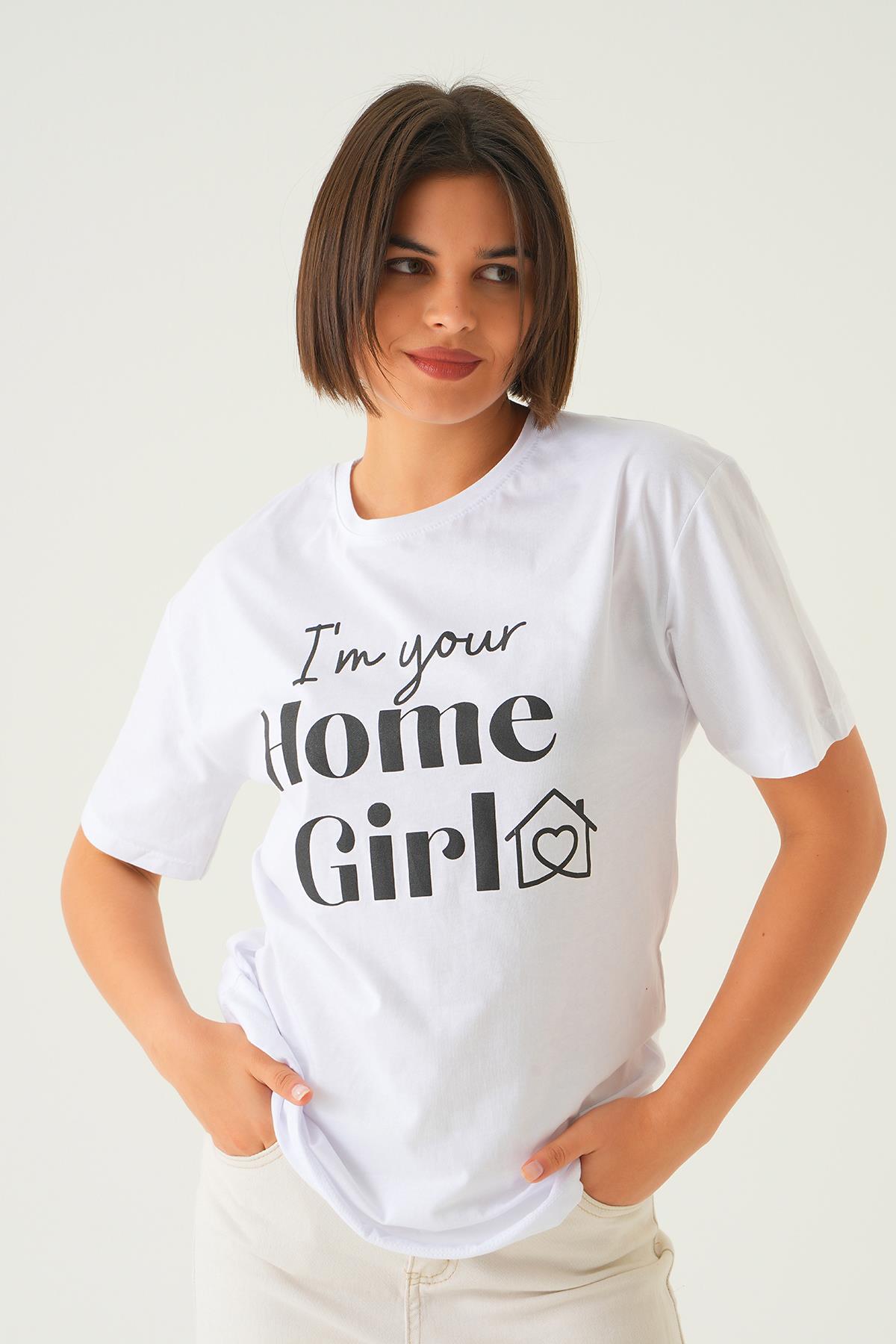 Beyaz Home Girl Baskı Oversize Tişört 1715 - 2