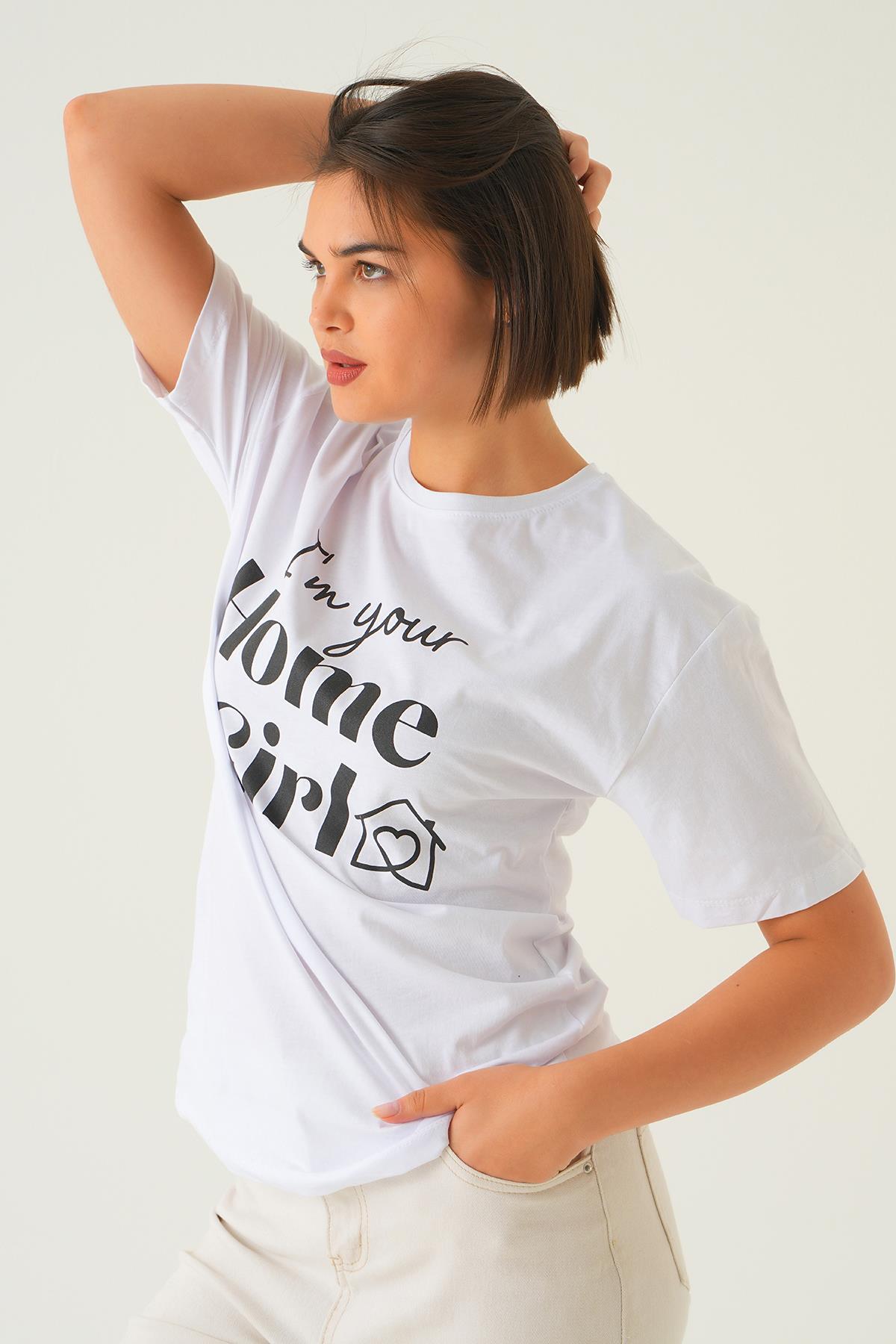 Beyaz Home Girl Baskı Oversize Tişört 1715 - 3