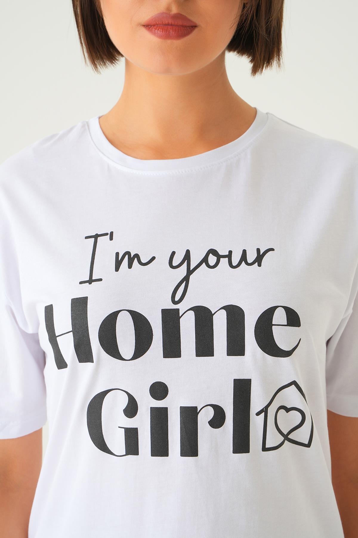 Beyaz Home Girl Baskı Oversize Tişört 1715 - 6