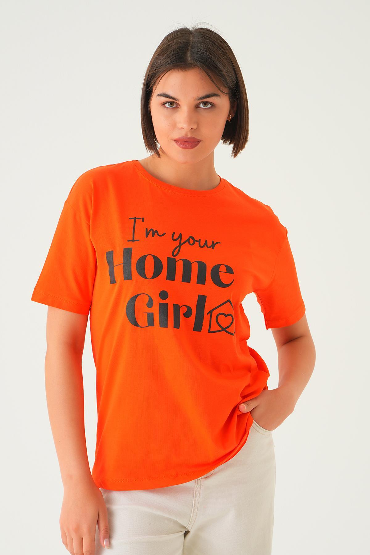 1715 Home Girl Baskı Oversize Tişört Orange - 6