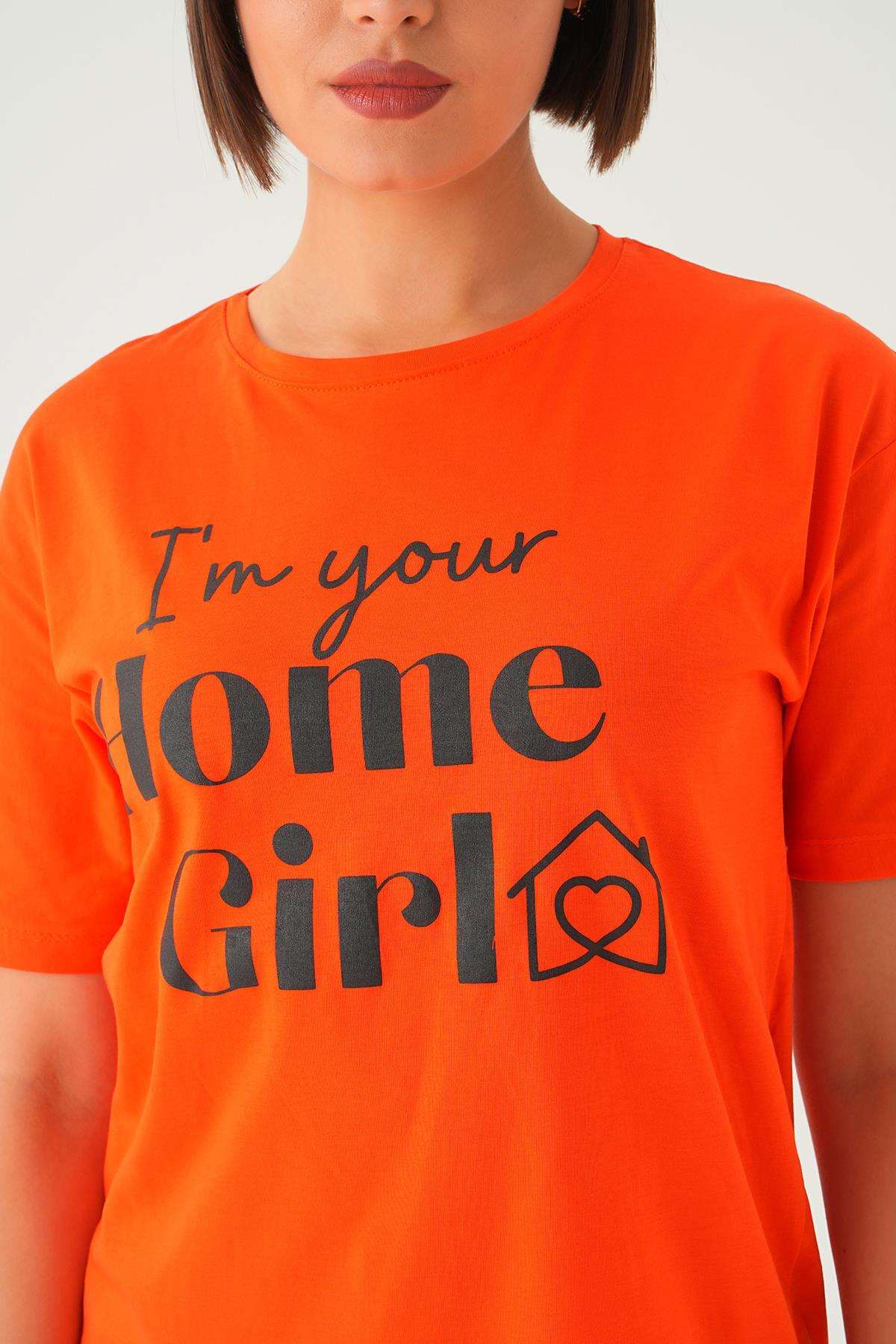 Orange Home Girl Baskı Oversize Tişört 1715 - 5