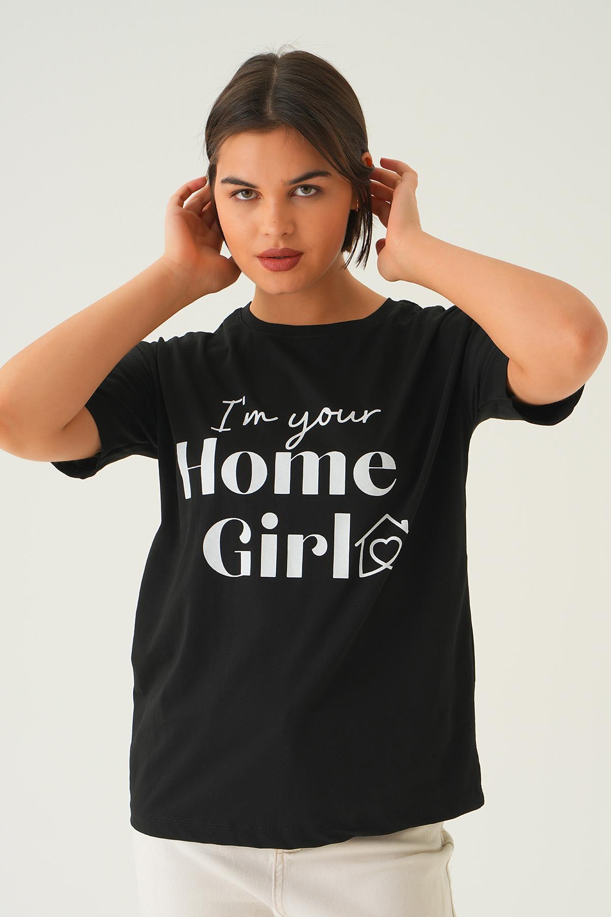 Siyah Home Girl Baskı Oversize Tişört 1715 - 2