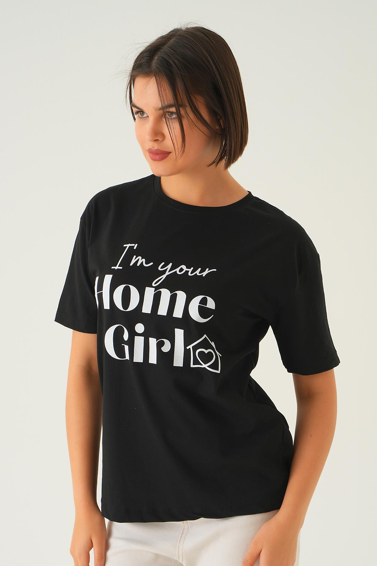 Siyah Home Girl Baskı Oversize Tişört 1715 - 3