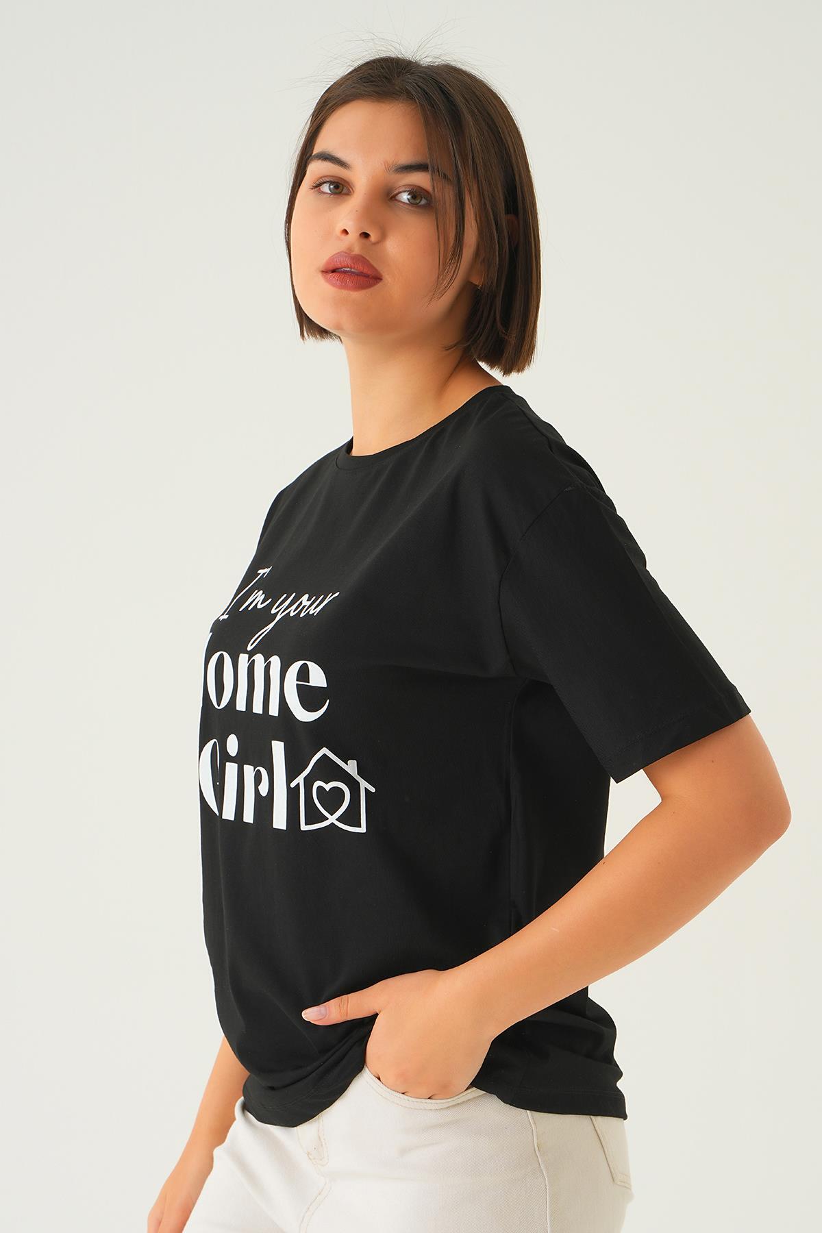 Siyah Home Girl Baskı Oversize Tişört 1715 - 4
