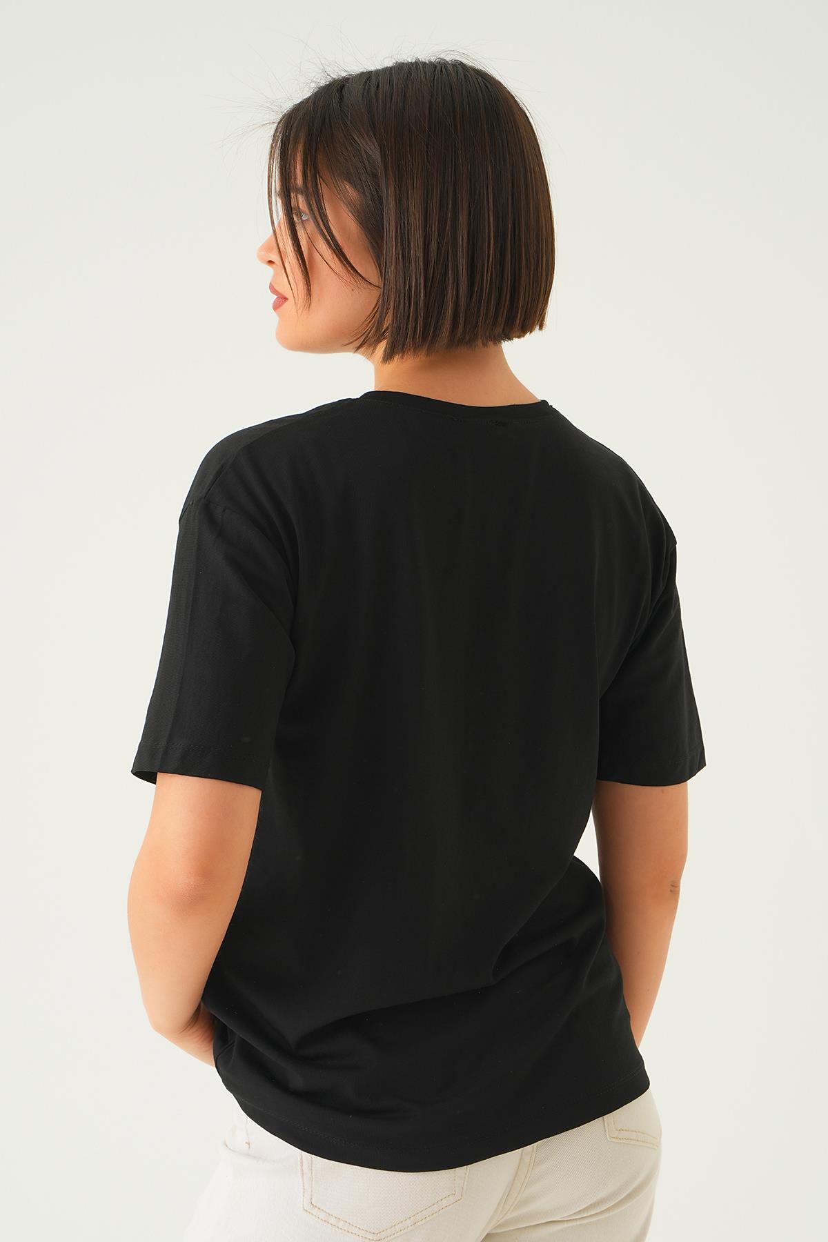 Siyah Home Girl Baskı Oversize Tişört 1715 - 5