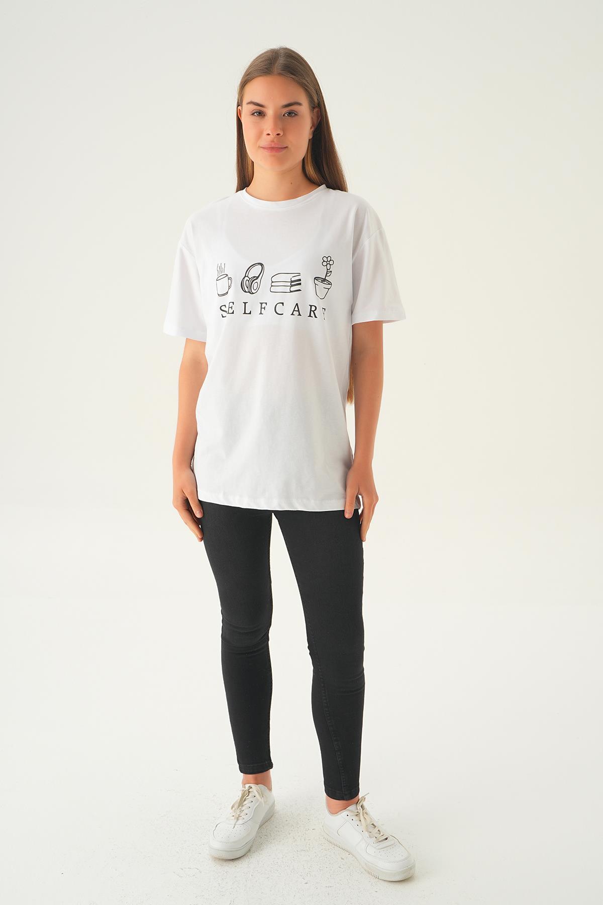 Beyaz Baskılı Oversize Tişört 1716 - 2