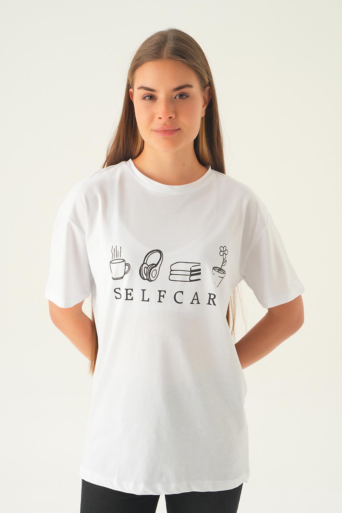 Beyaz Baskılı Oversize Tişört 1716 - 3