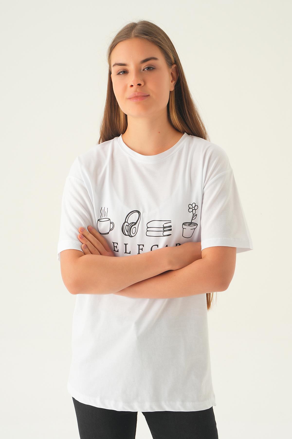 Beyaz Baskılı Oversize Tişört 1716 - 4