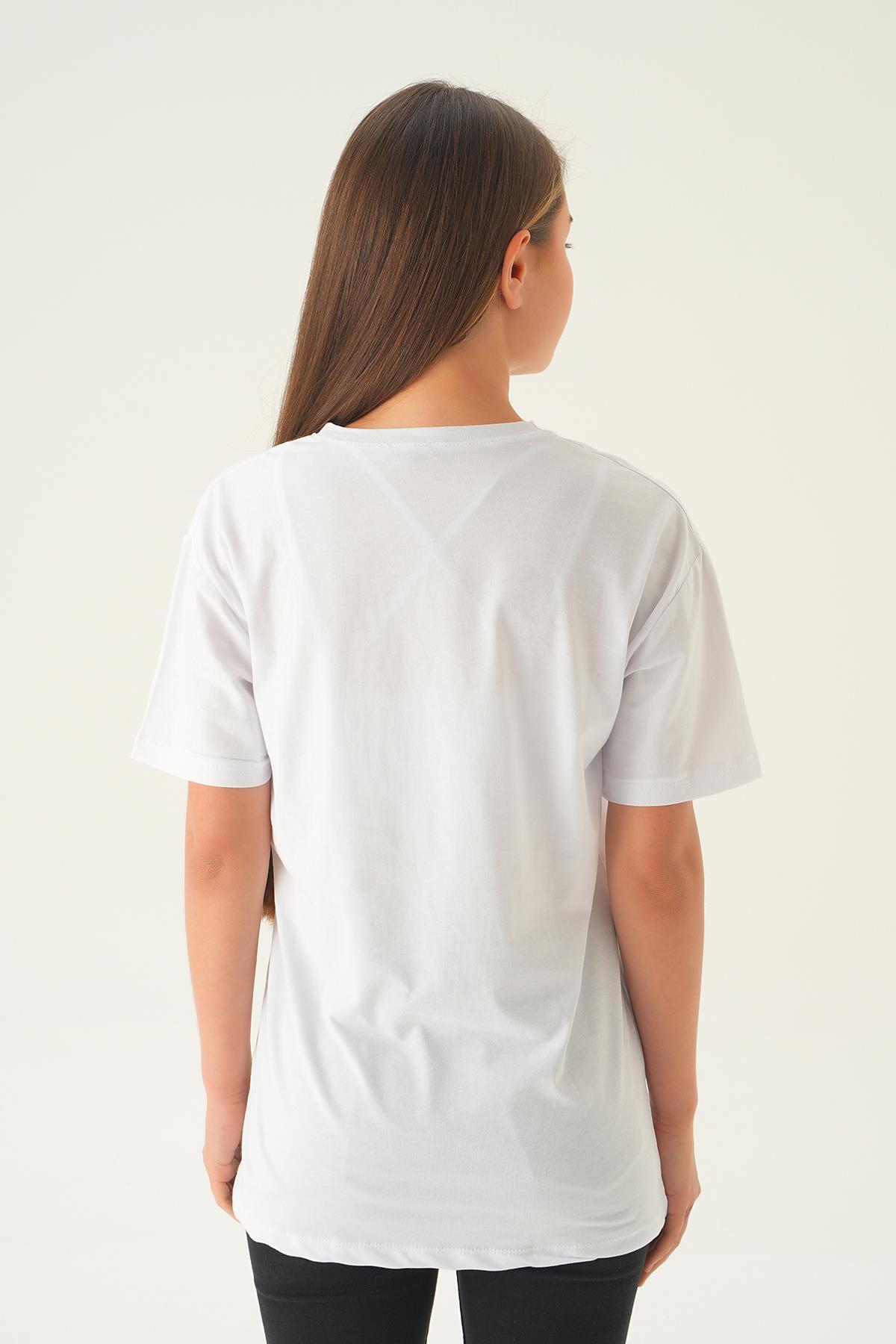 Beyaz Baskılı Oversize Tişört 1716 - 5