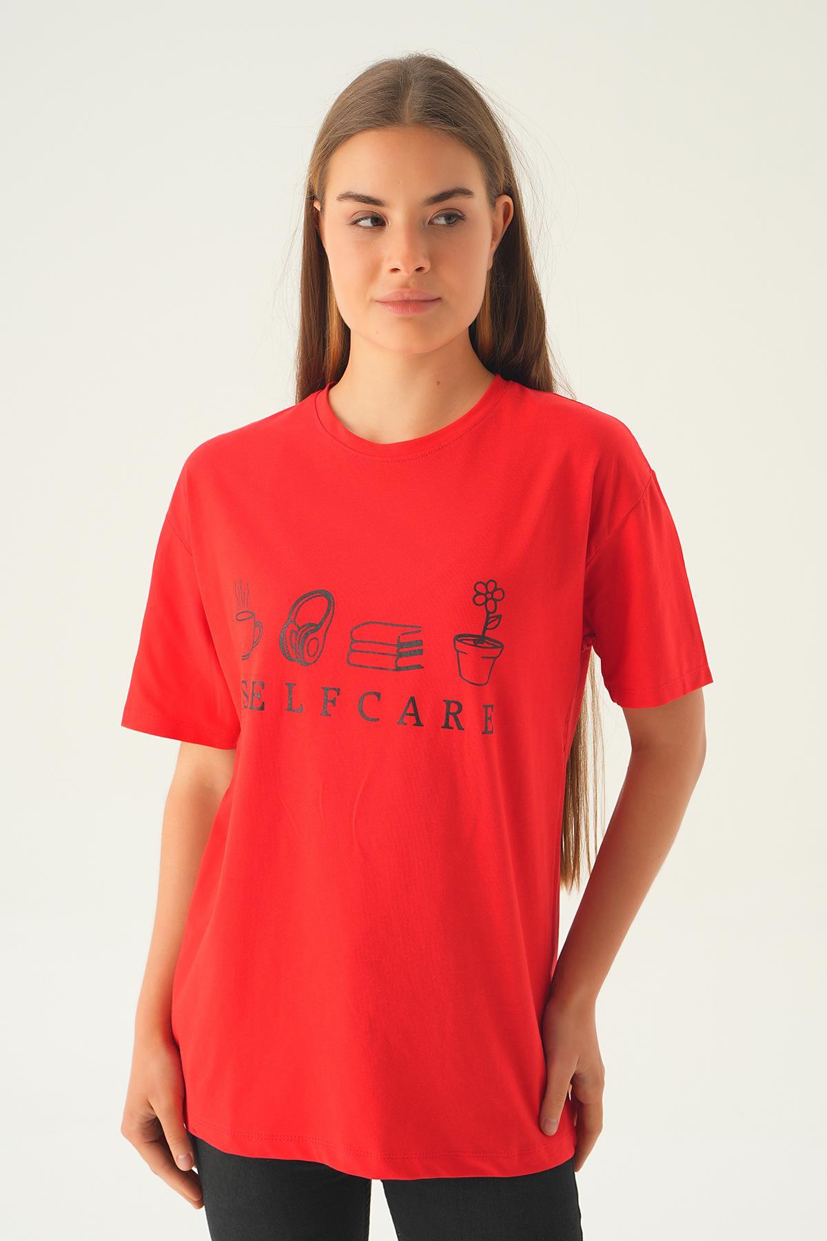 Kırmızı Baskılı Oversize Tişört 1716 - 1