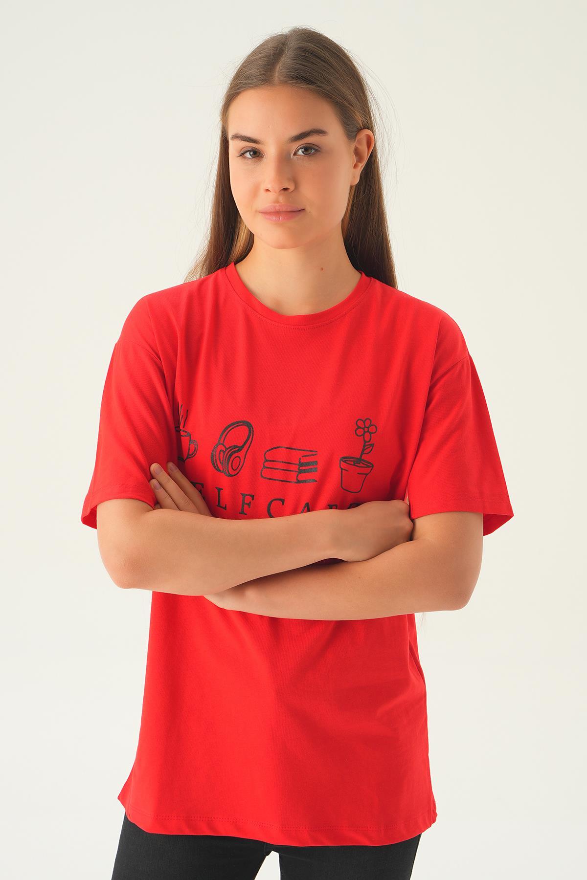 Kırmızı Baskılı Oversize Tişört 1716 - 3