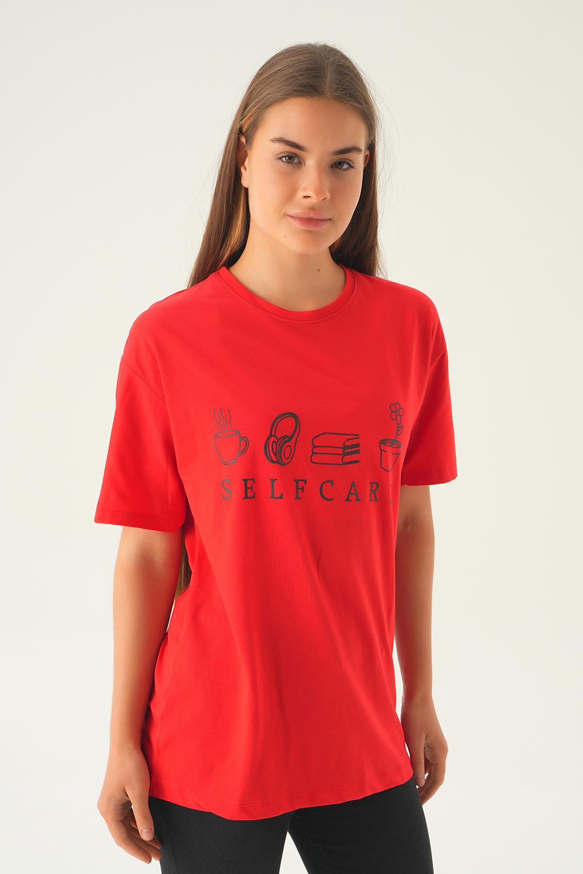 Kırmızı Baskılı Oversize Tişört 1716 - 4
