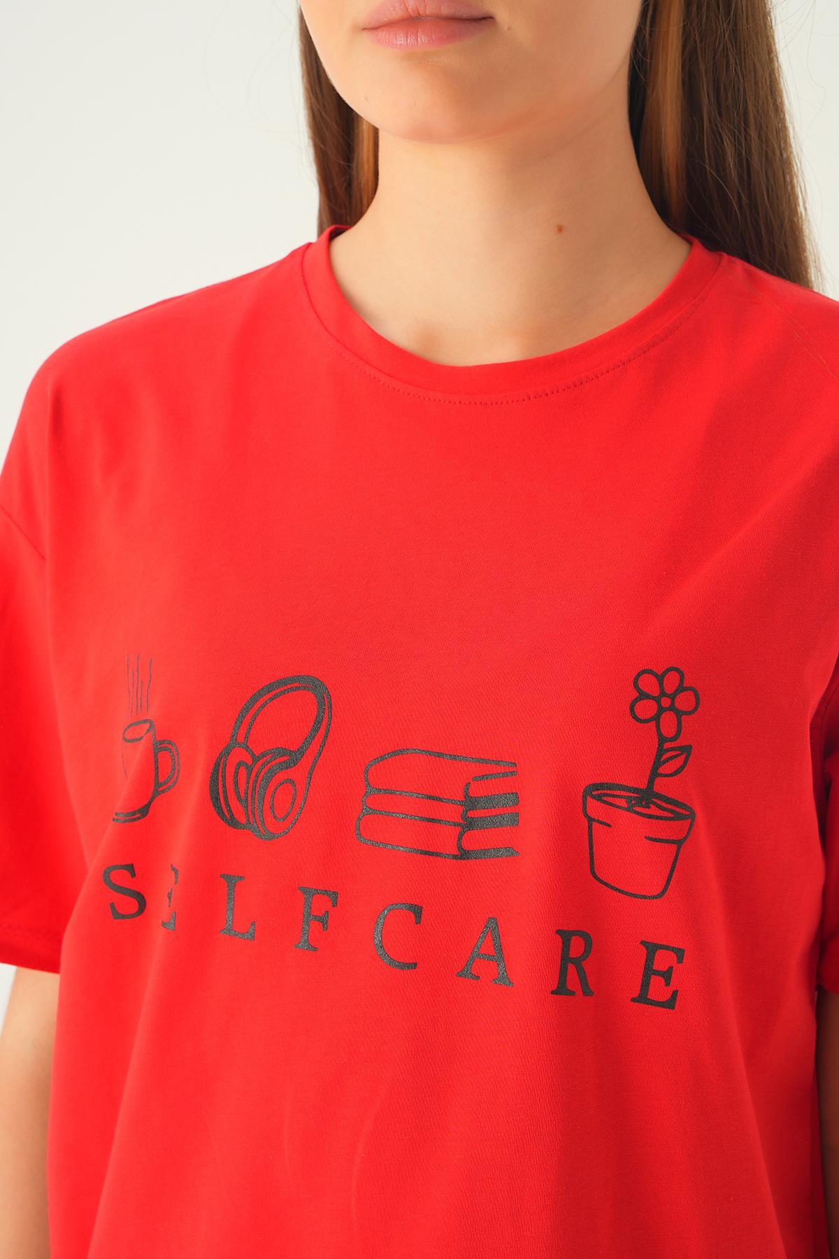 Kırmızı Baskılı Oversize Tişört 1716 - 6