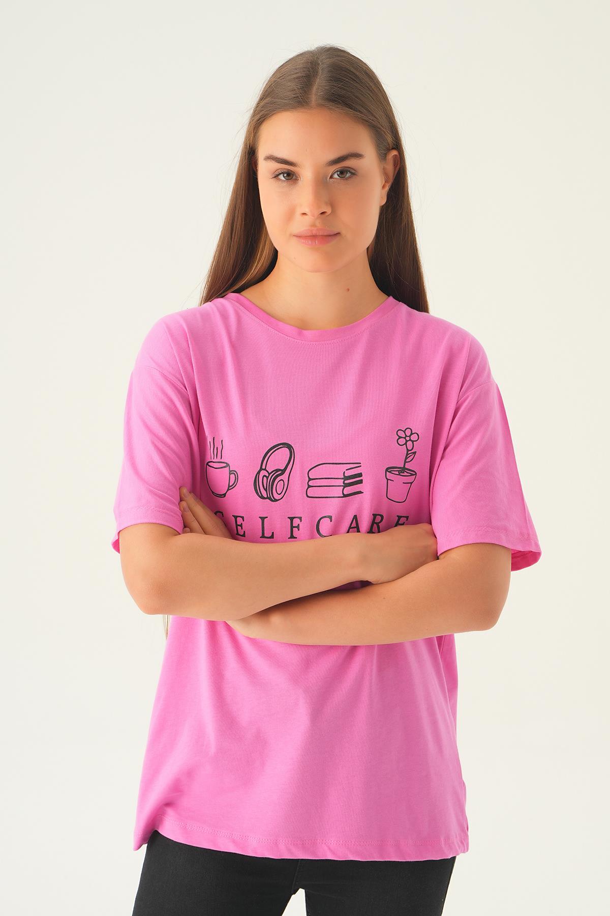 Pembe Baskılı Oversize Tişört 1716 - 3