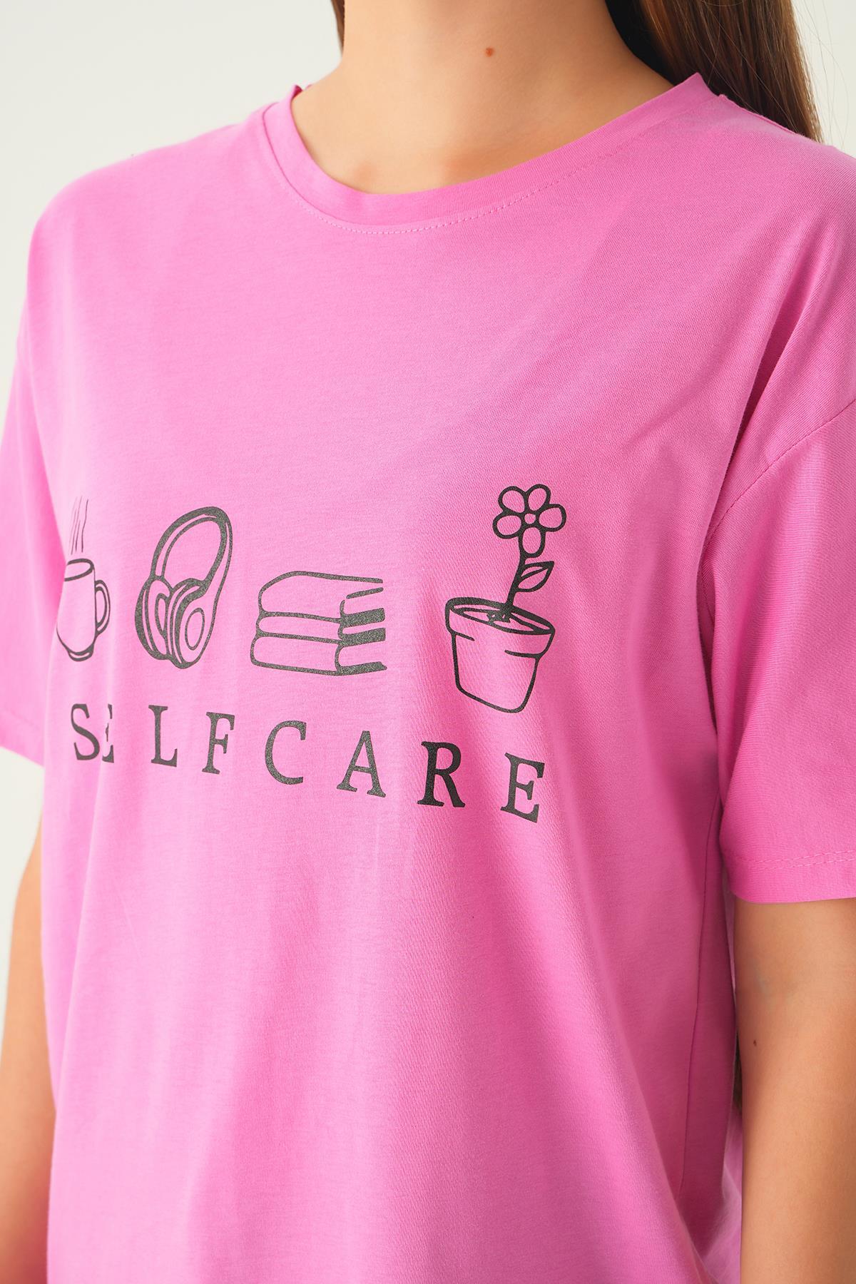 Pembe Baskılı Oversize Tişört 1716 - 6
