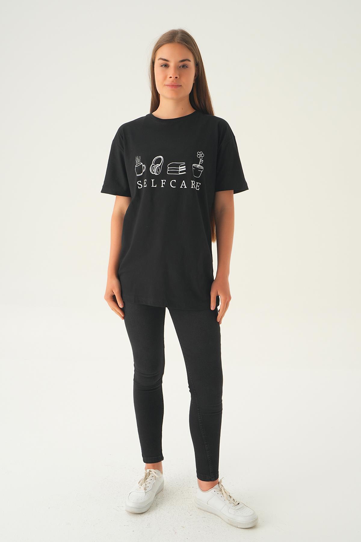 Siyah Baskılı Oversize Tişört 1716 - 2