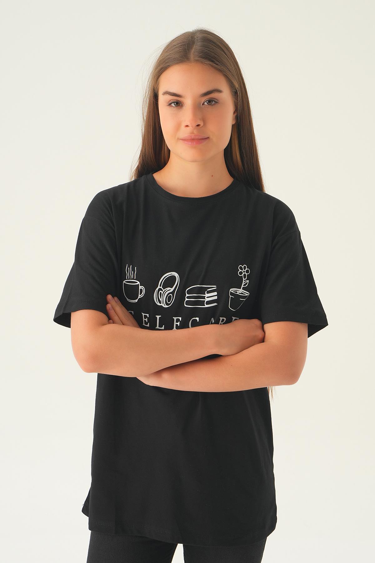 Siyah Baskılı Oversize Tişört 1716 - 3