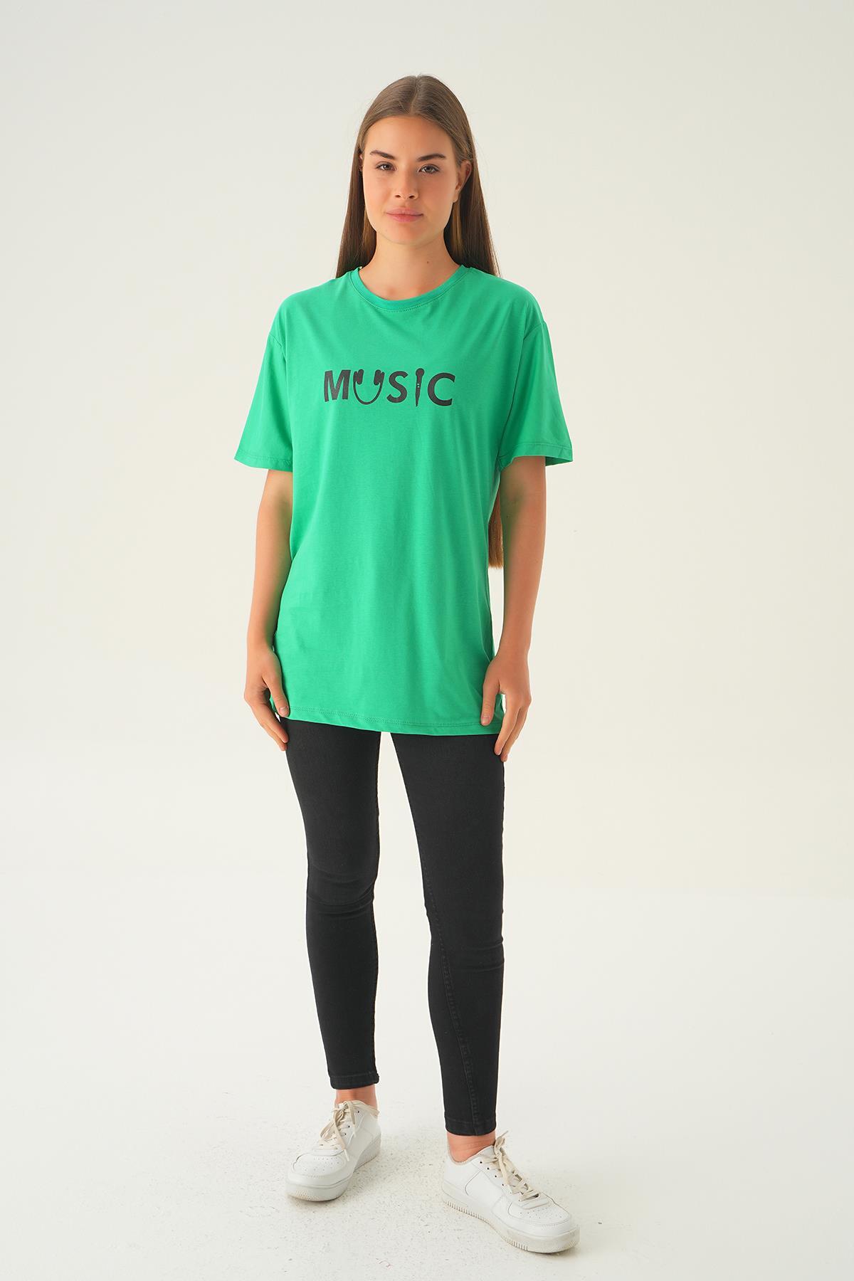 1717 Music Baskı Oversize Tişört Benetton Yeşili - 2