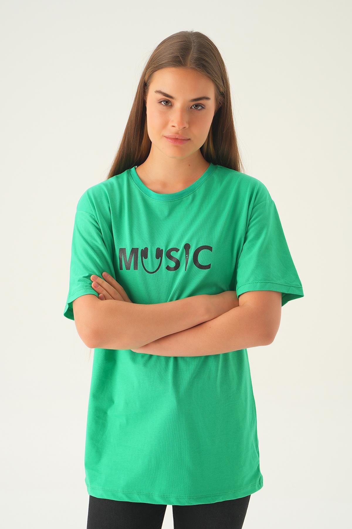 1717 Music Baskı Oversize Tişört Benetton Yeşili - 3