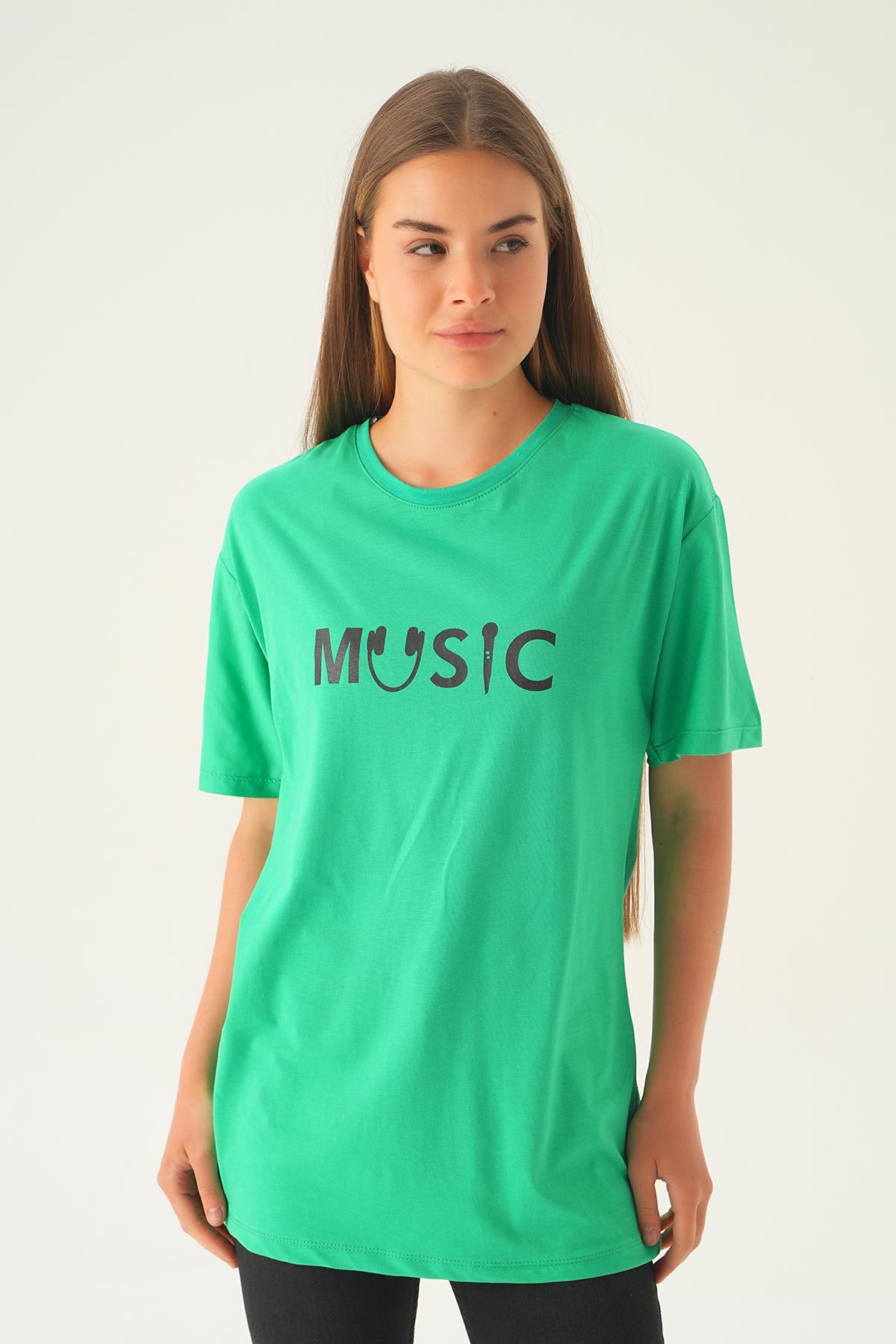 1717 Music Baskı Oversize Tişört Benetton Yeşili - 4