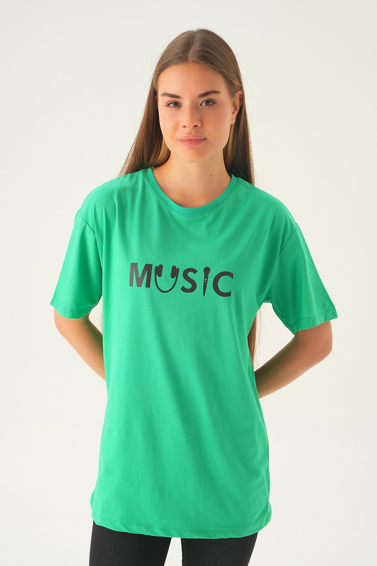 Benetton Yeşili Music Baskı Oversize Tişört 1717 - 1