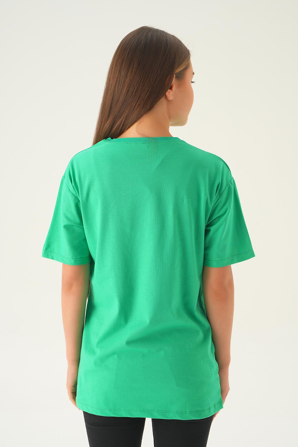 Benetton Yeşili Music Baskı Oversize Tişört 1717 - 5