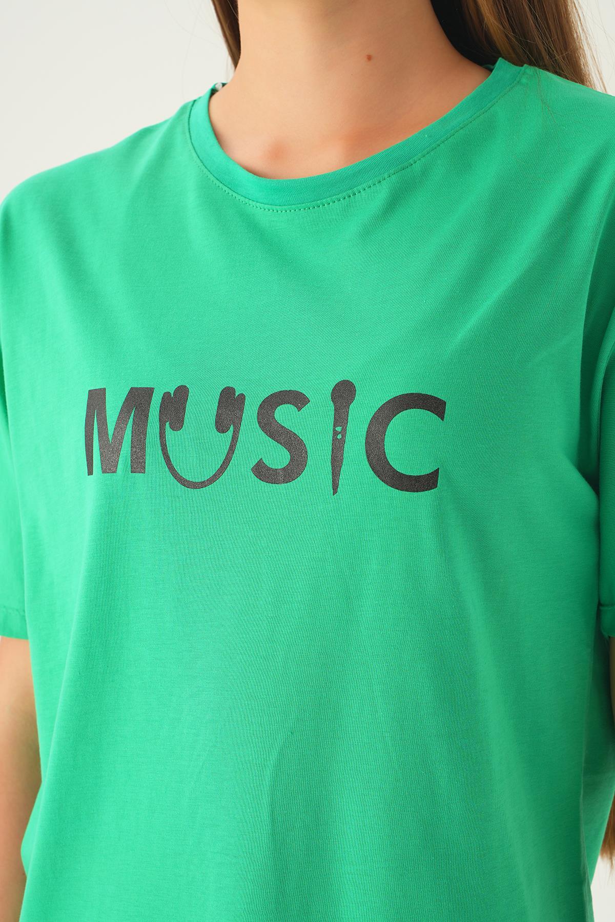 Benetton Yeşili Music Baskı Oversize Tişört 1717 - 6