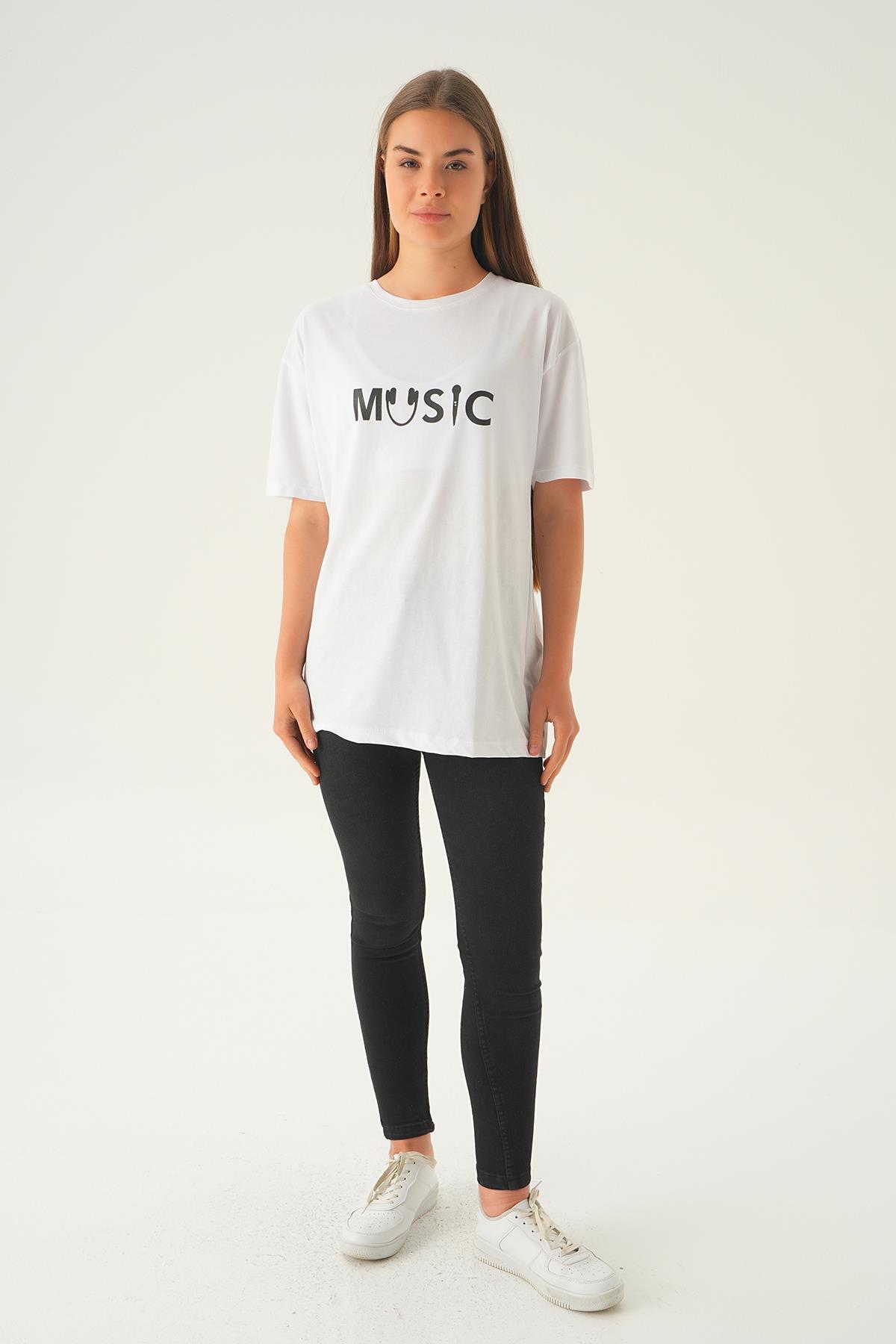 Beyaz Music Baskı Oversize Tişört 1717 - 2