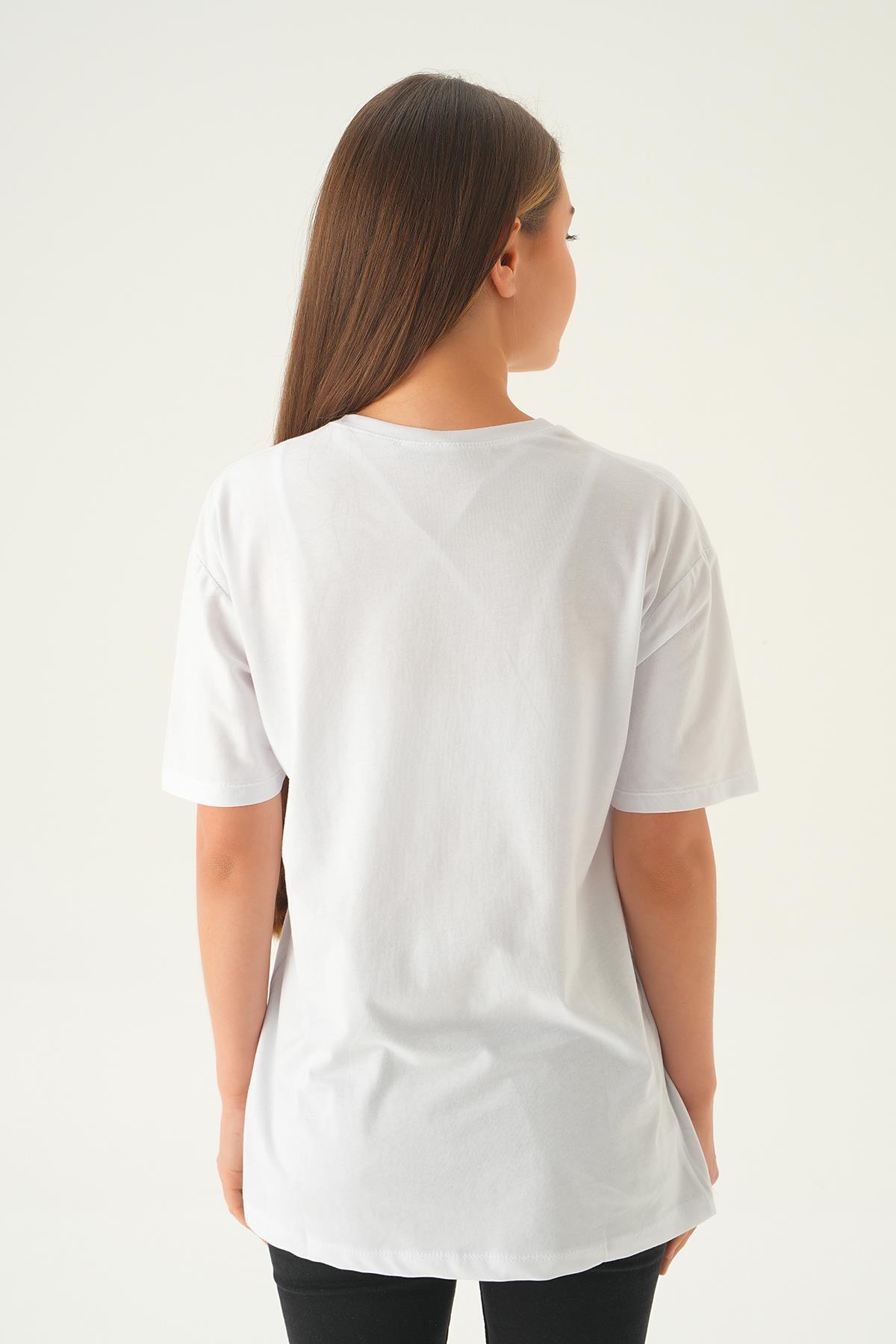 Beyaz Music Baskı Oversize Tişört 1717 - 5