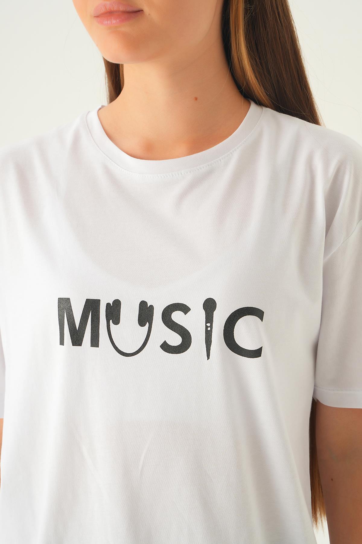 Beyaz Music Baskı Oversize Tişört 1717 - 6