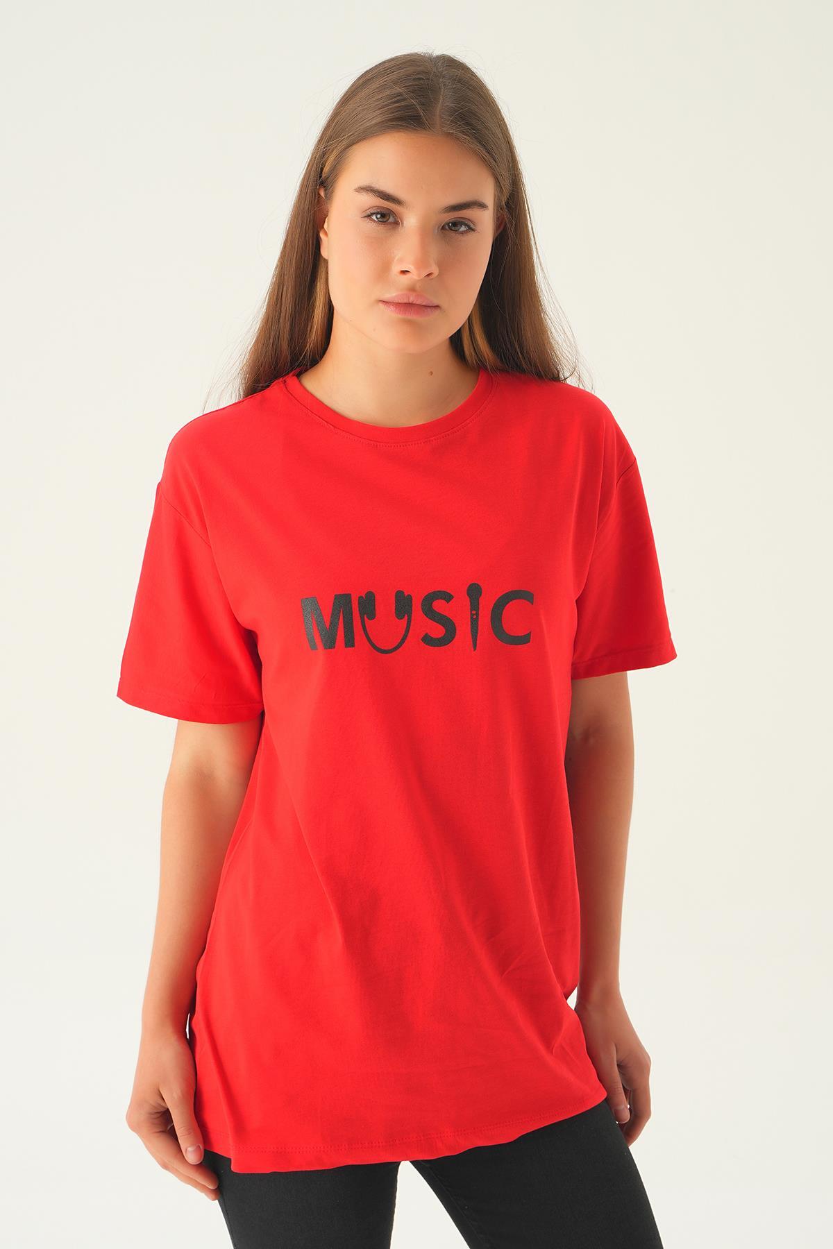 Kırmızı Music Baskı Oversize Tişört 1717 - 1