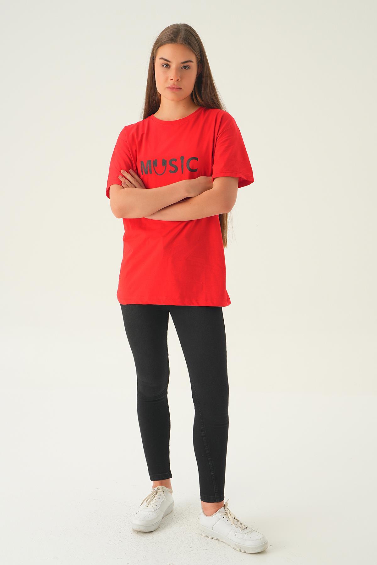 Kırmızı Music Baskı Oversize Tişört 1717 - 2