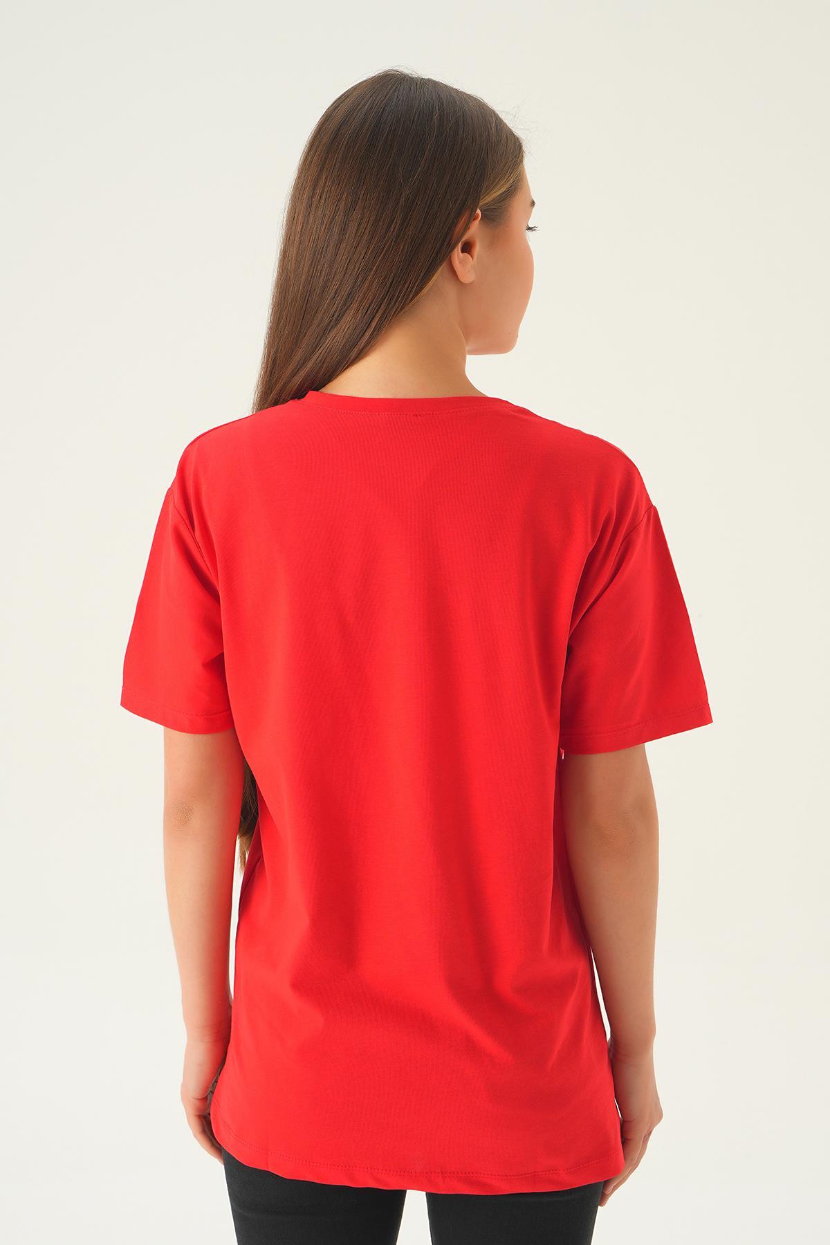 Kırmızı Music Baskı Oversize Tişört 1717 - 5