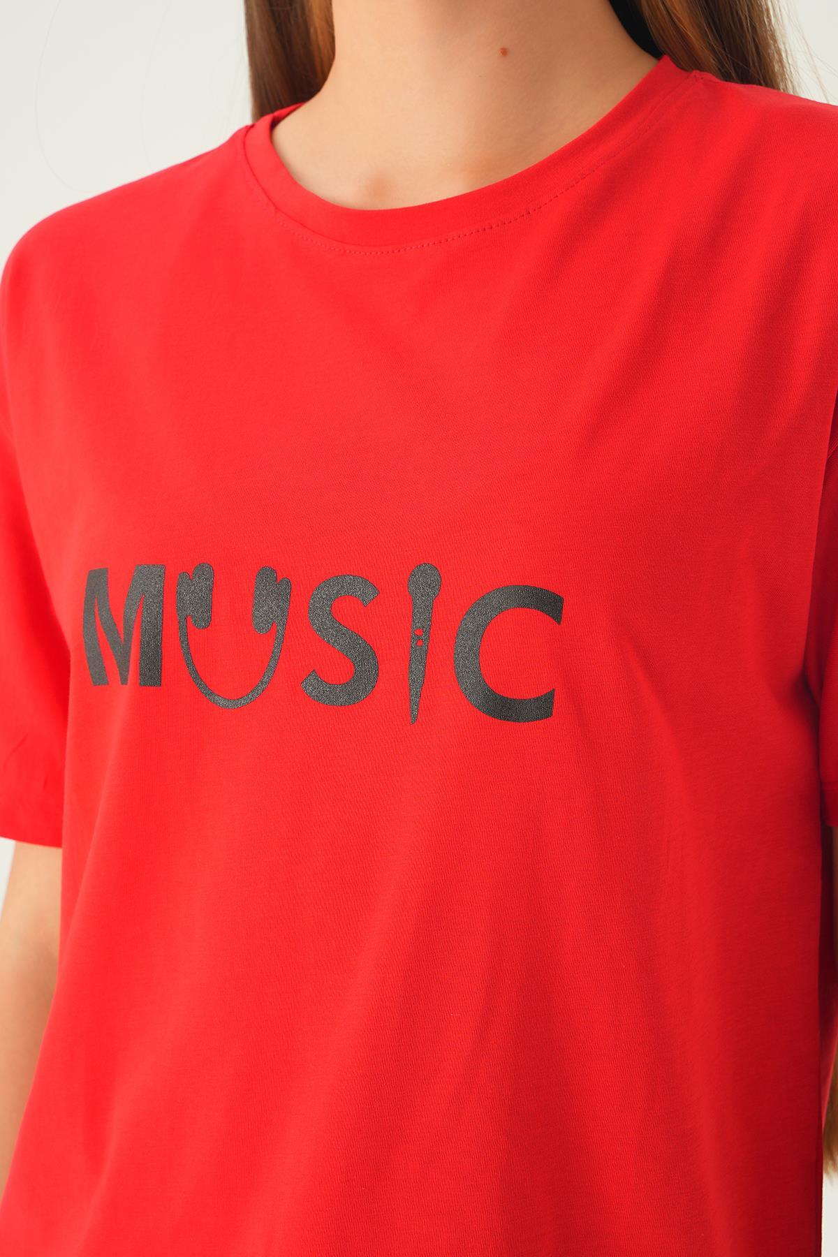 Kırmızı Music Baskı Oversize Tişört 1717 - 6