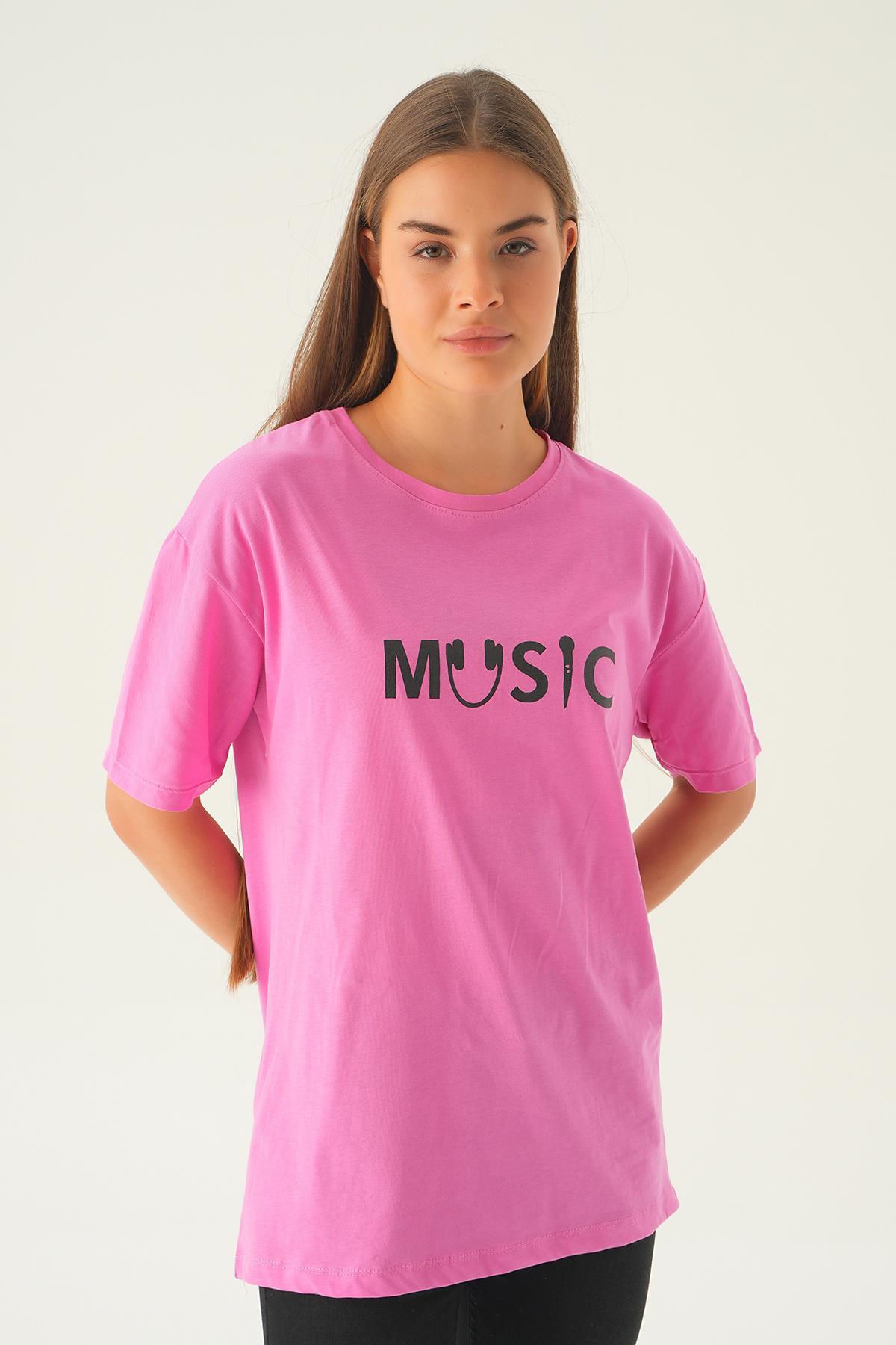 1717 Music Baskı Oversize Tişört Pembe 