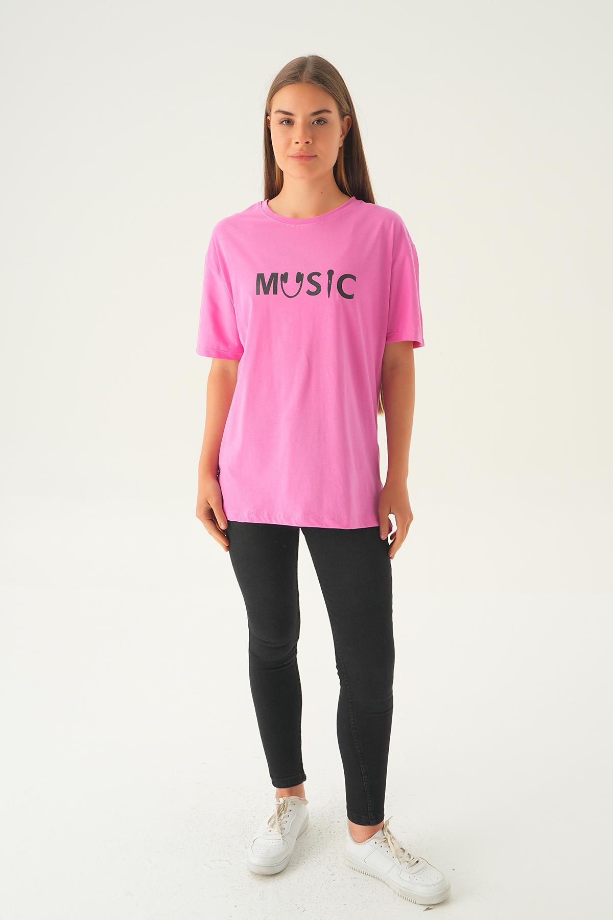 Pembe Music Baskı Oversize Tişört 1717 - 2