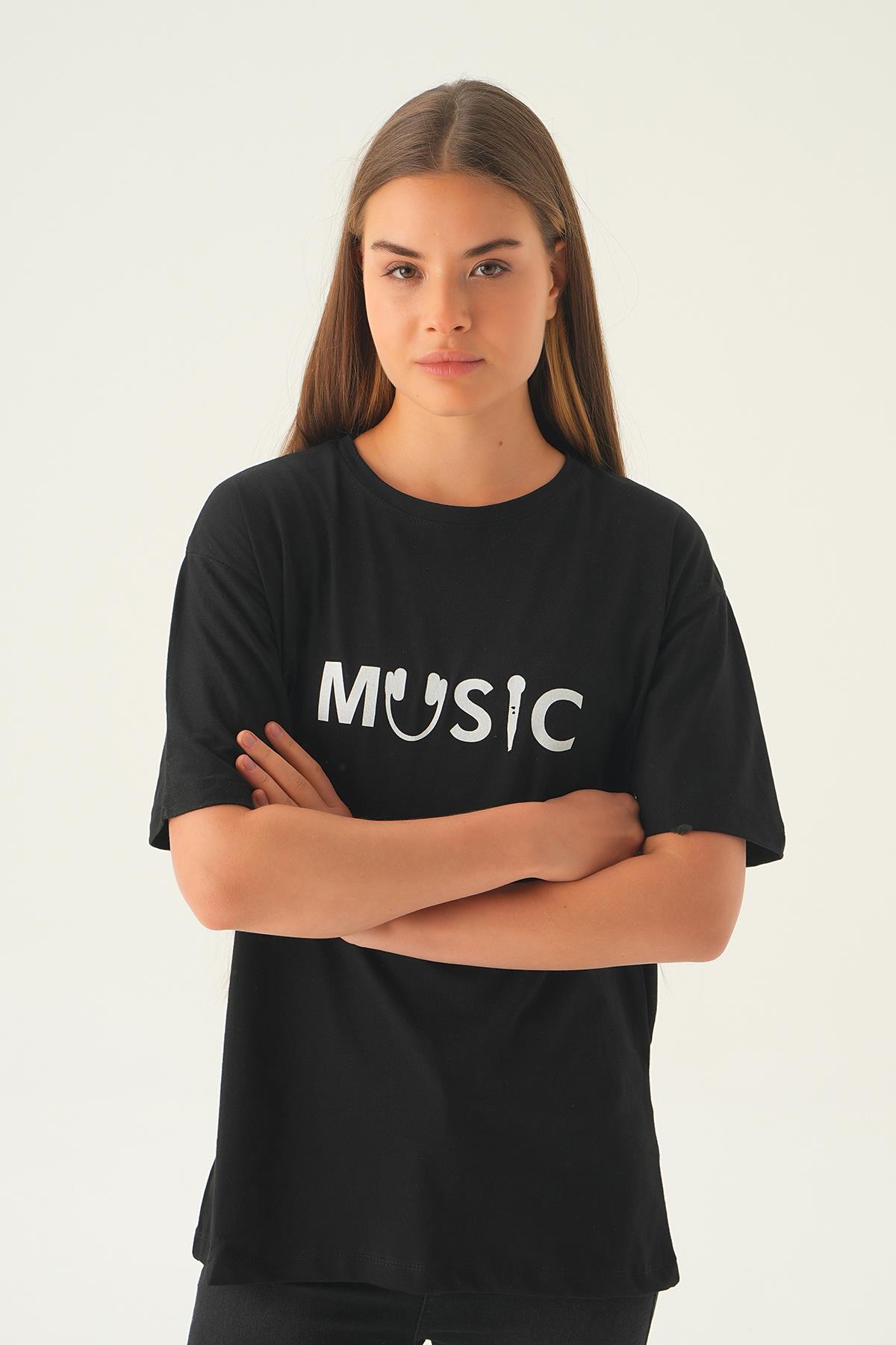 Siyah Music Baskı Oversize Tişört 1717 