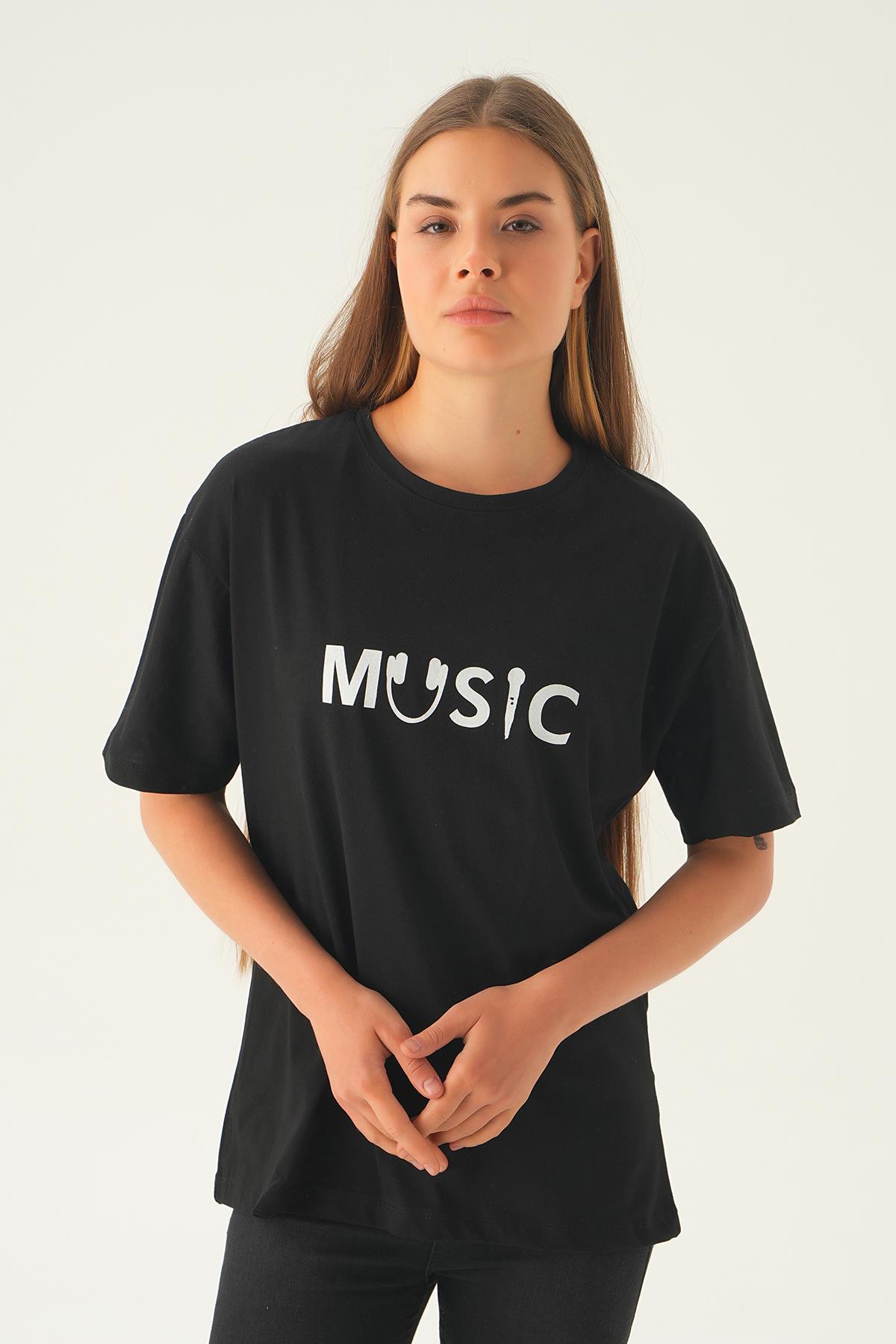 Siyah Music Baskı Oversize Tişört 1717 - 3