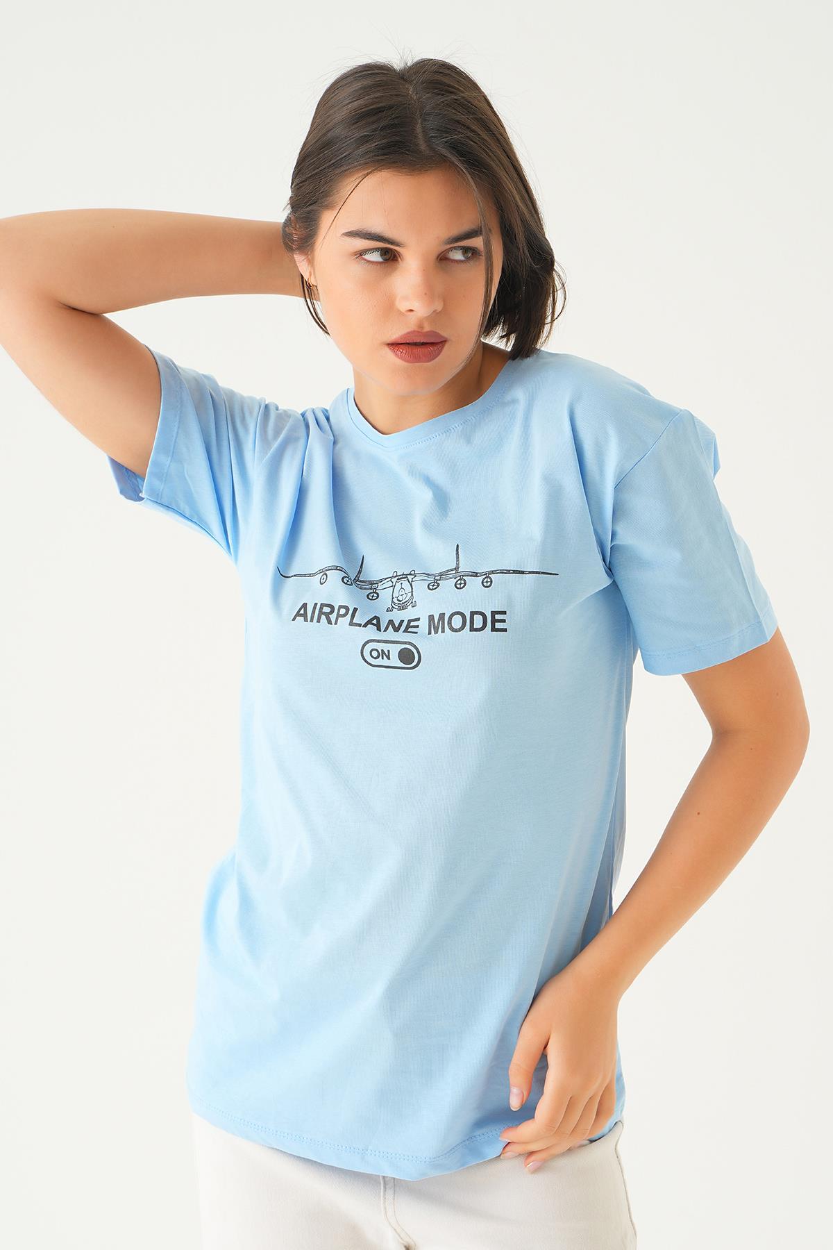 1721 Mode On Baskı Oversize Tişört Bebe Mavi 