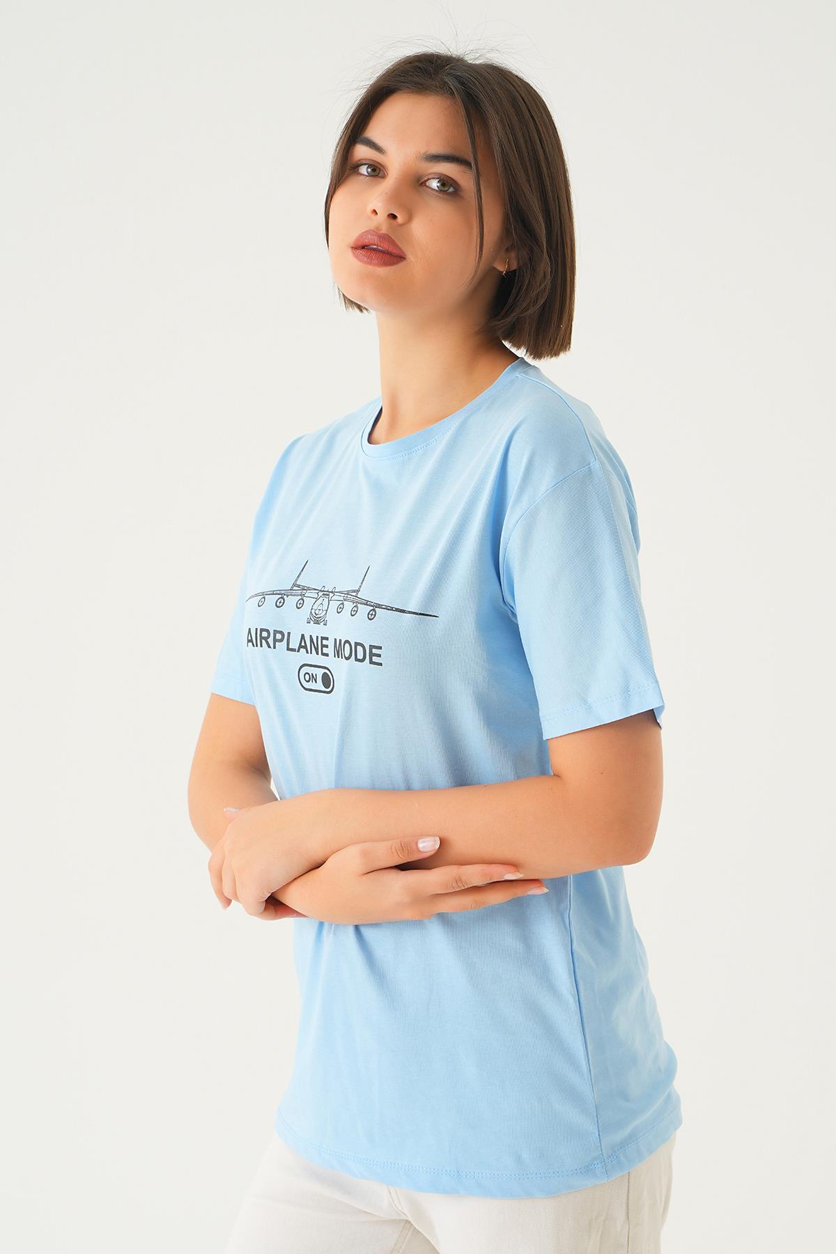 Bebe Mavi Mode On Baskı Oversize Tişört 1721 - 4