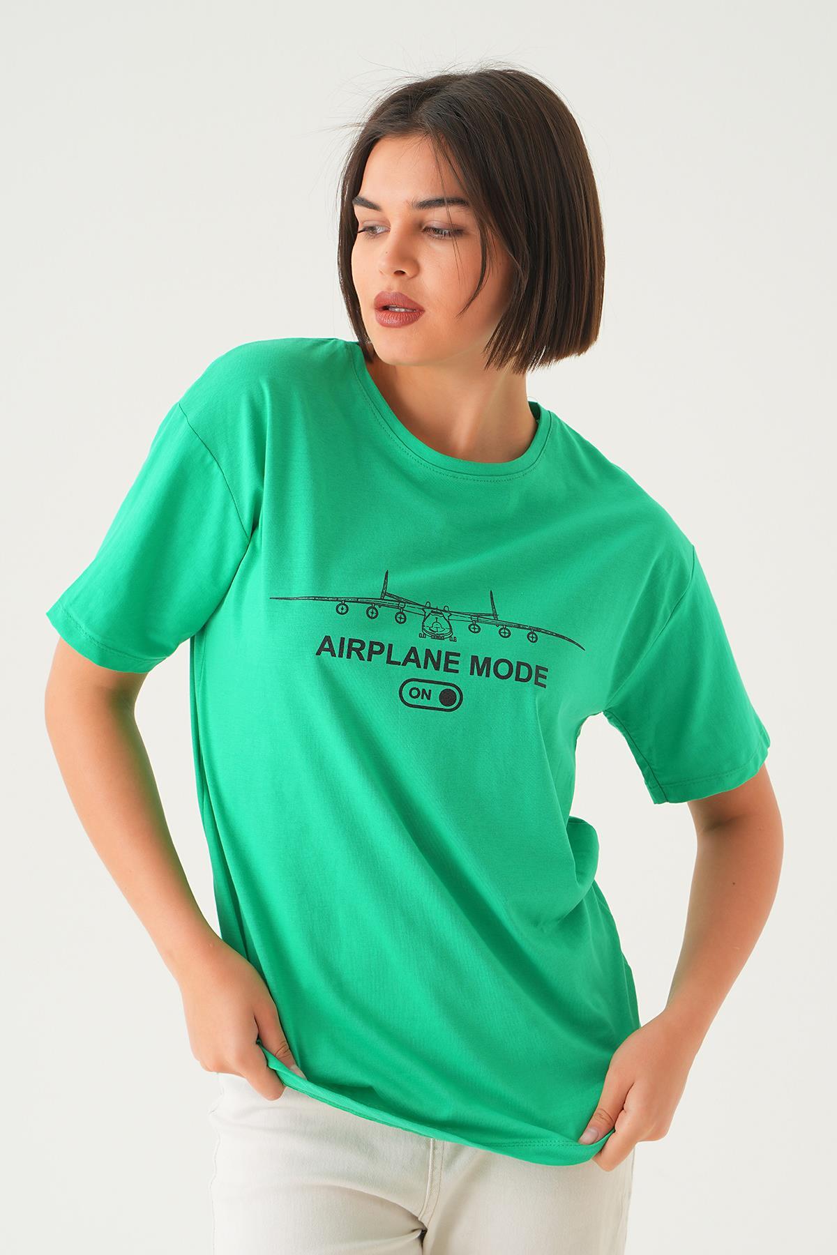 Benetton Yeşili Mode On Baskı Oversize Tişört 1721 - 2