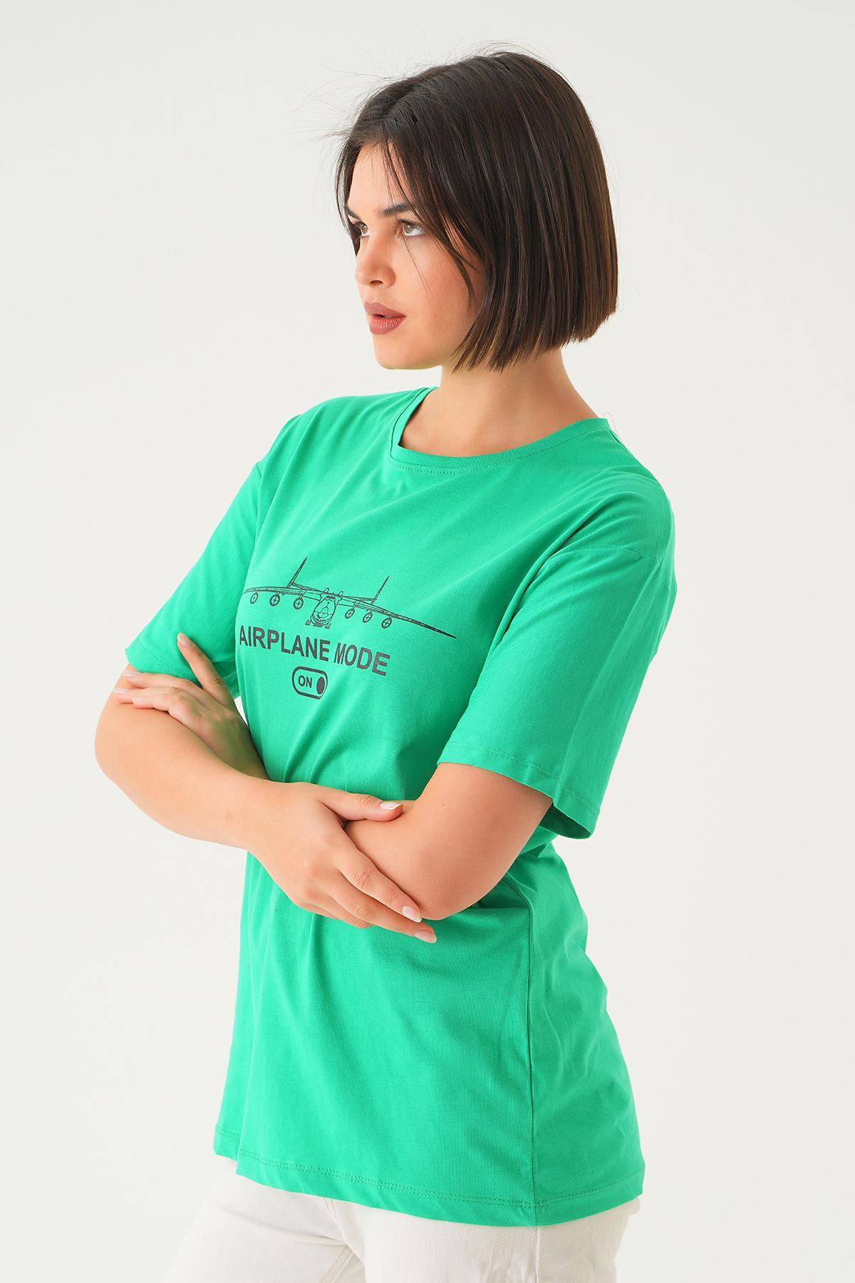 Benetton Yeşili Mode On Baskı Oversize Tişört 1721 - 4