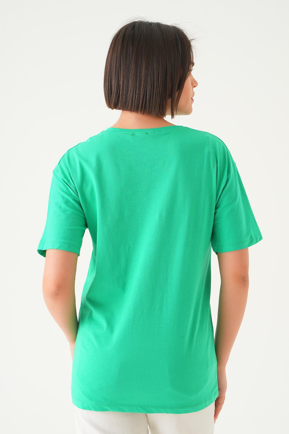 Benetton Yeşili Mode On Baskı Oversize Tişört 1721 - 5