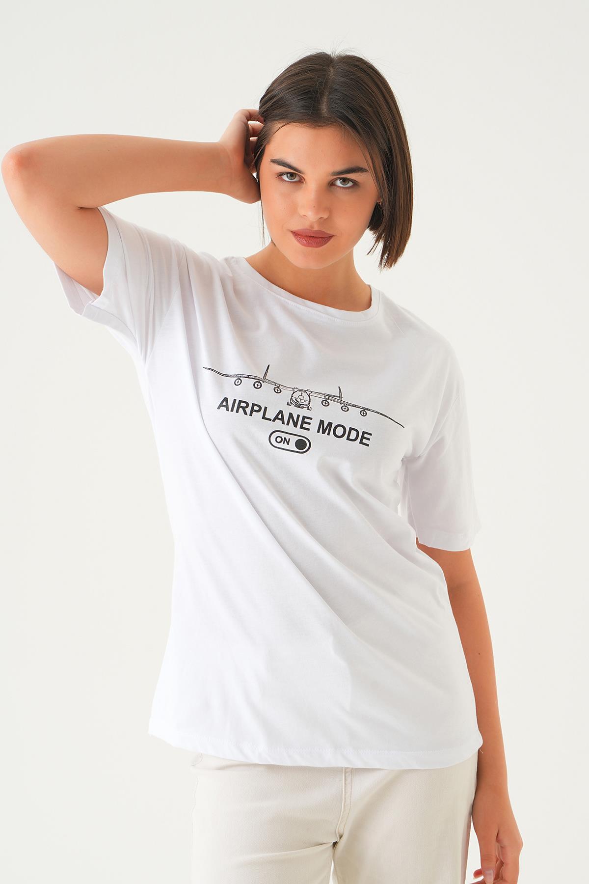 Beyaz Mode On Baskı Oversize Tişört 1721 - 2