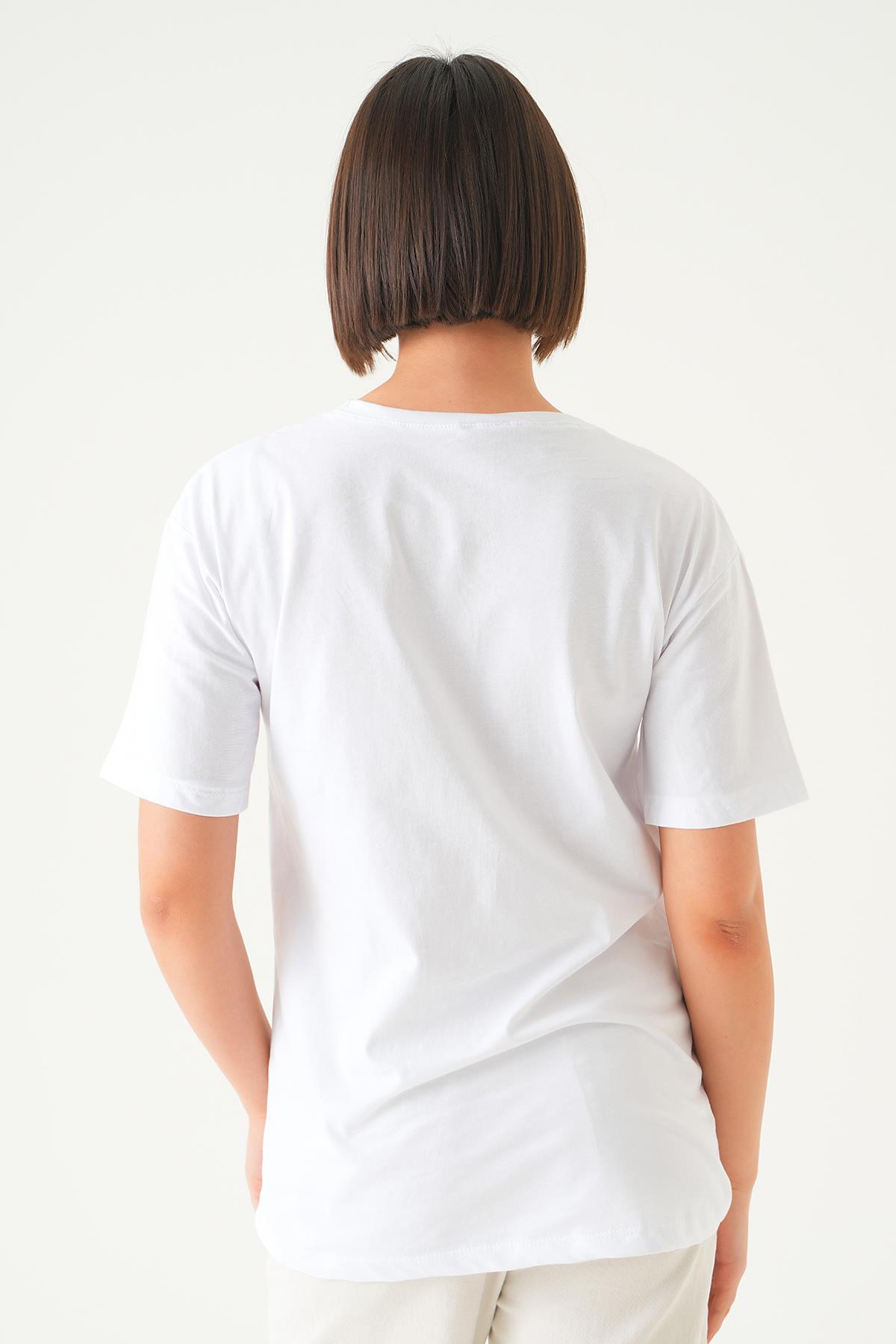 Beyaz Mode On Baskı Oversize Tişört 1721 - 4