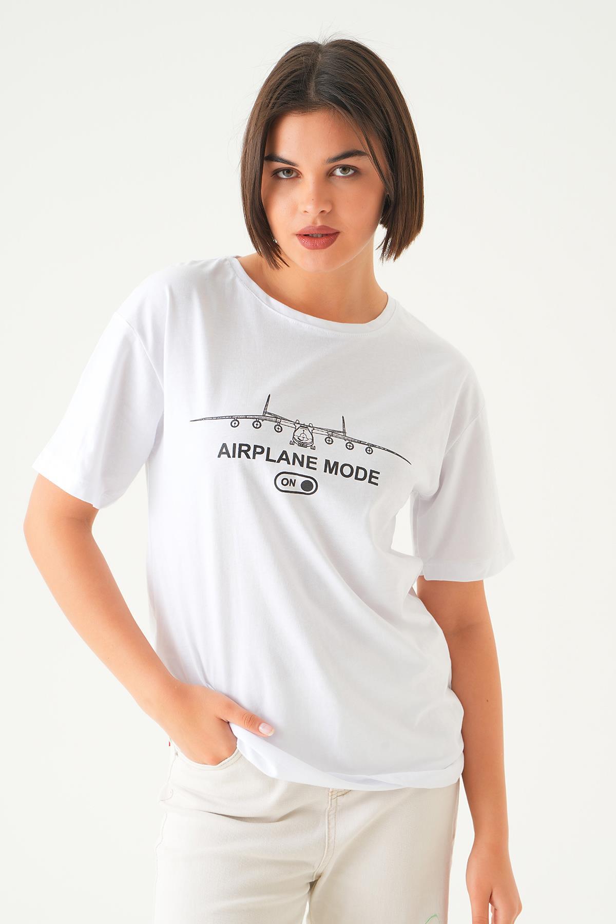 Beyaz Mode On Baskı Oversize Tişört 1721 - 6