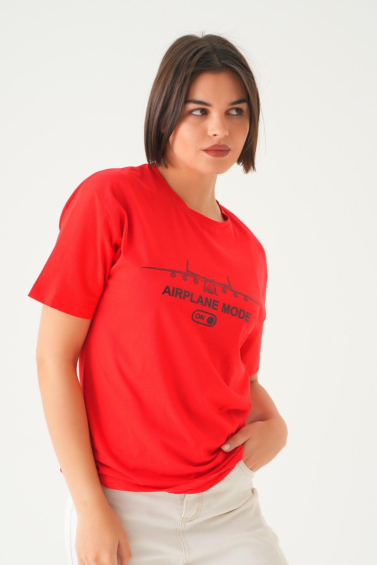 Kırmızı Mode On Baskı Oversize Tişört 1721 - 1