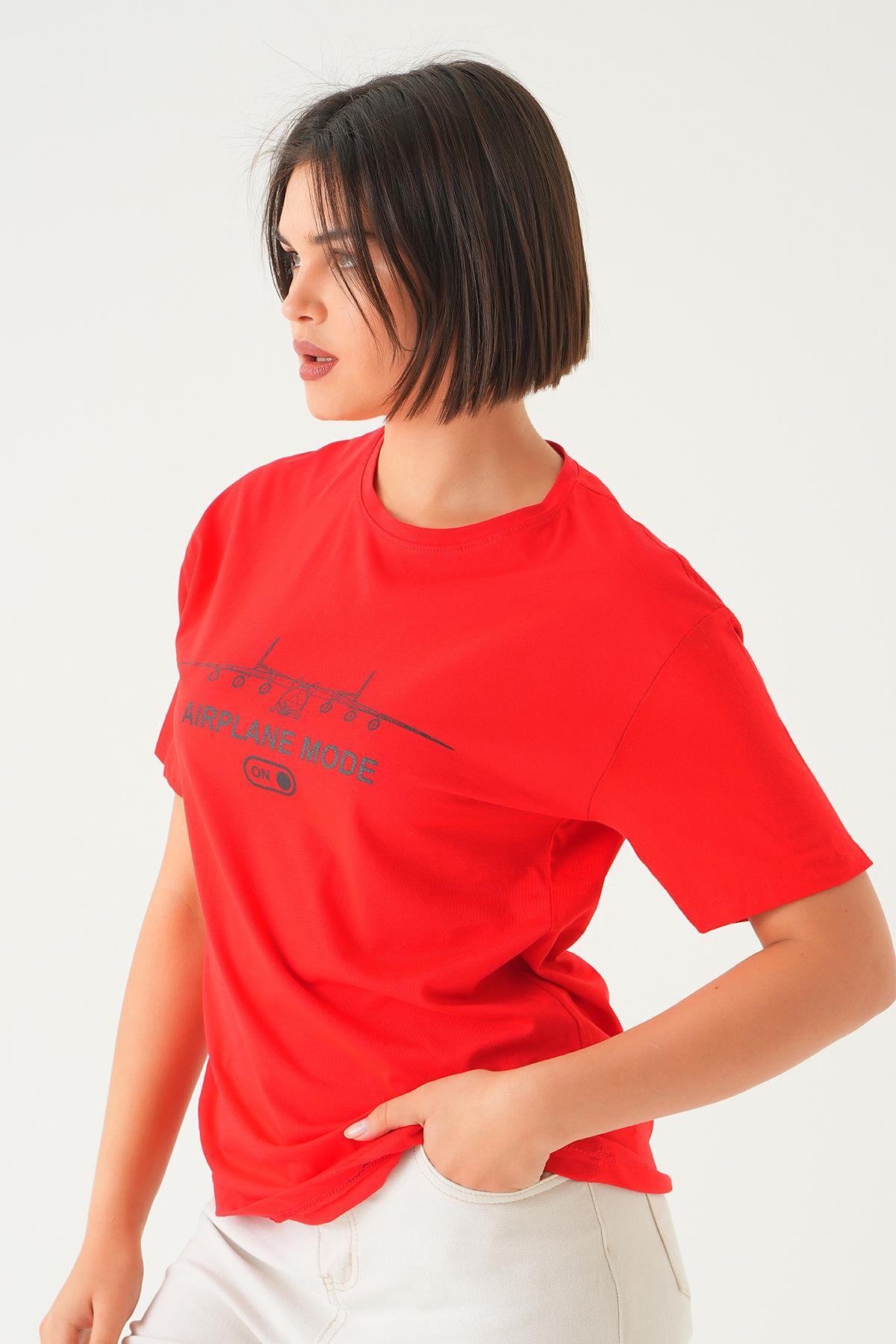 Kırmızı Mode On Baskı Oversize Tişört 1721 - 2